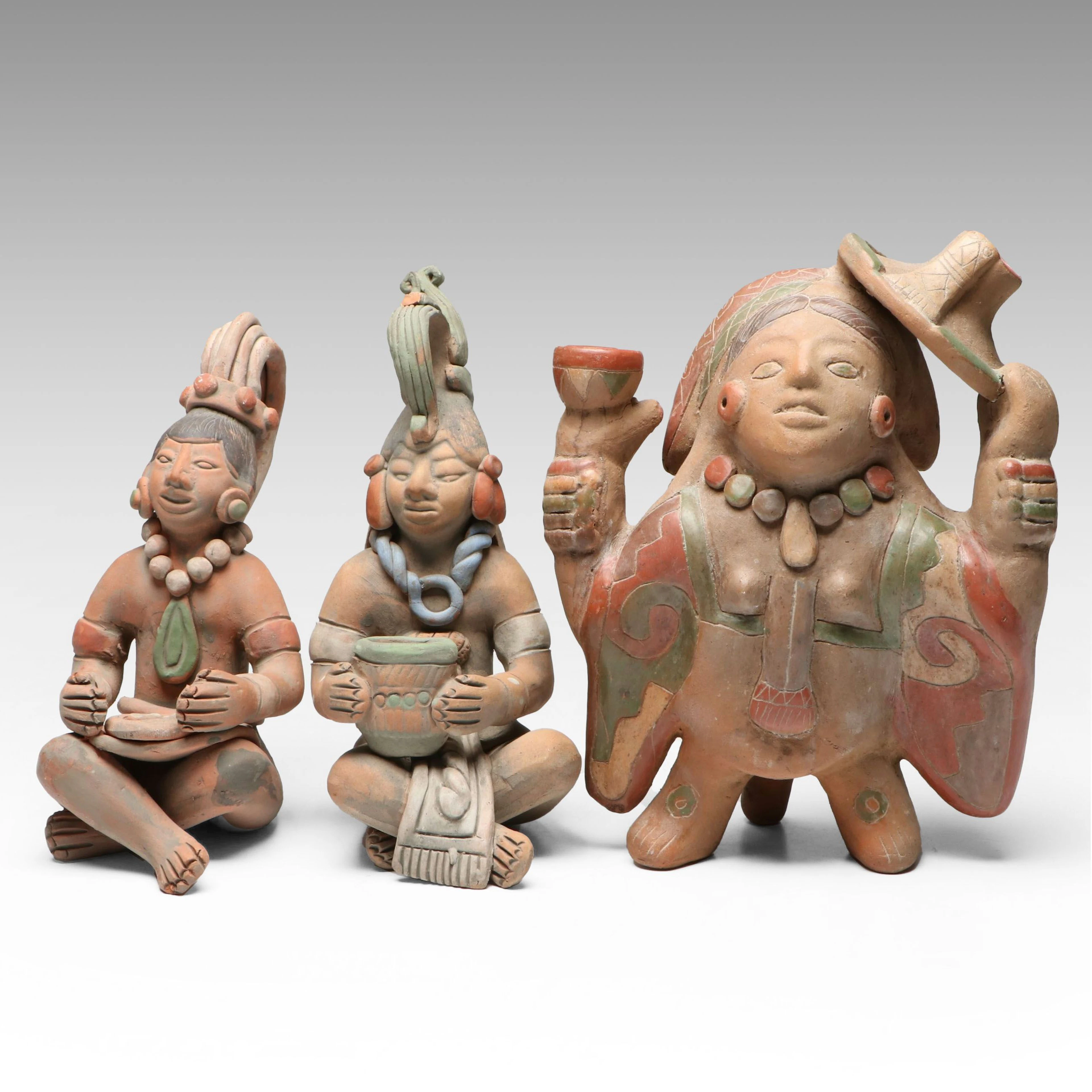 Pre-Columbian Aztec and Mayan Style Polychrome Terracotta Figurines