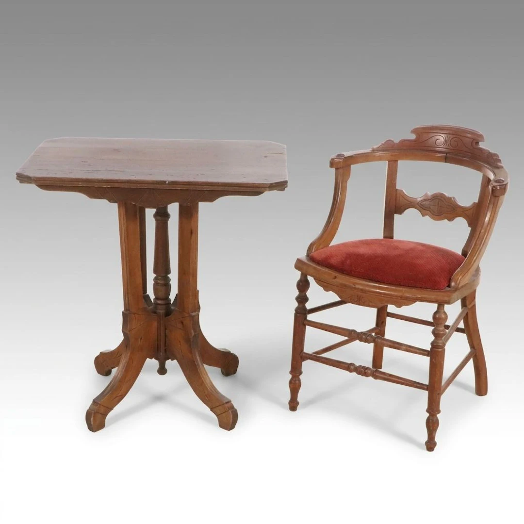 Victorian Walnut Center Table with Barrel-Back Armchair