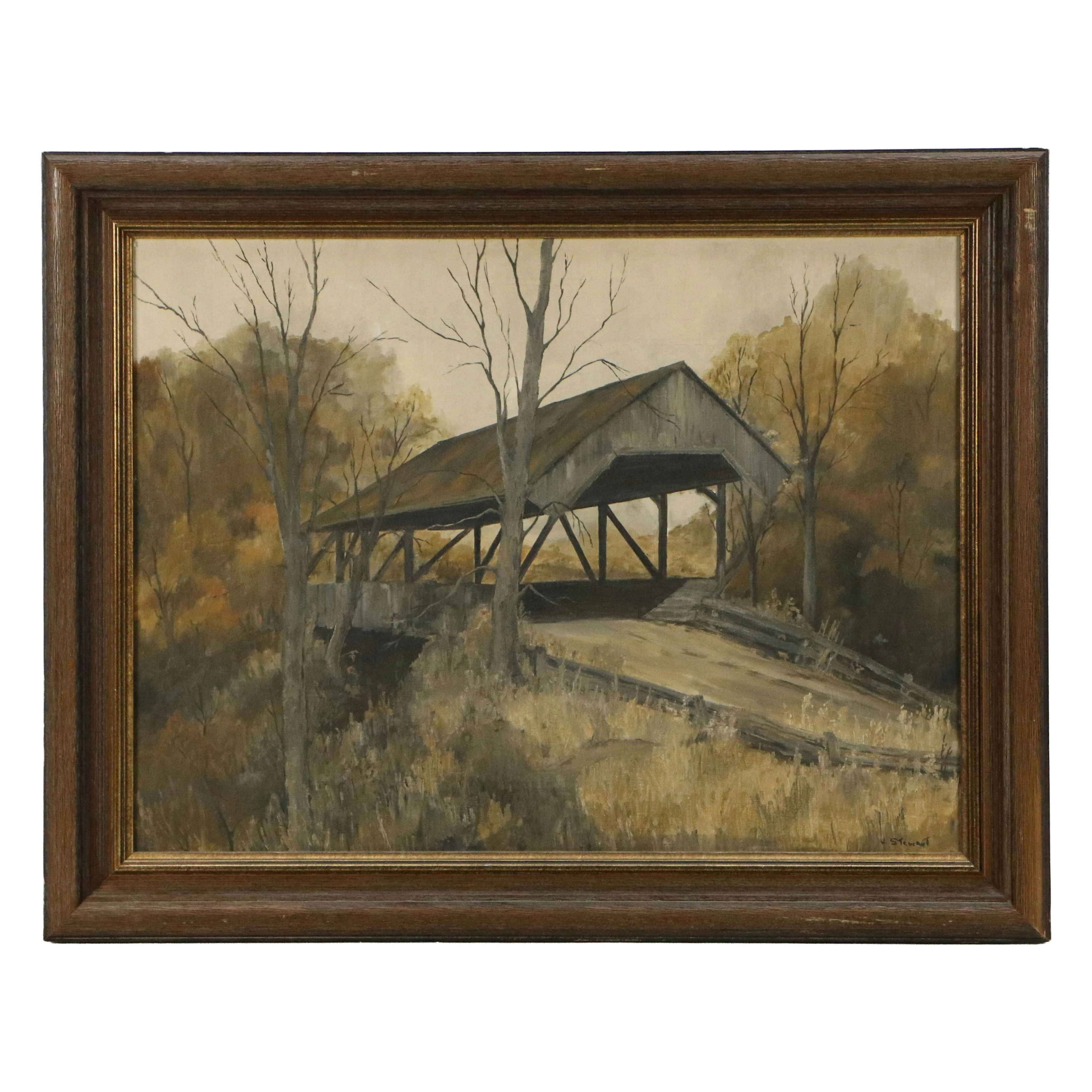 J. Stewart Oil Painting of Covered Bridge, Mid to Late 20th Century