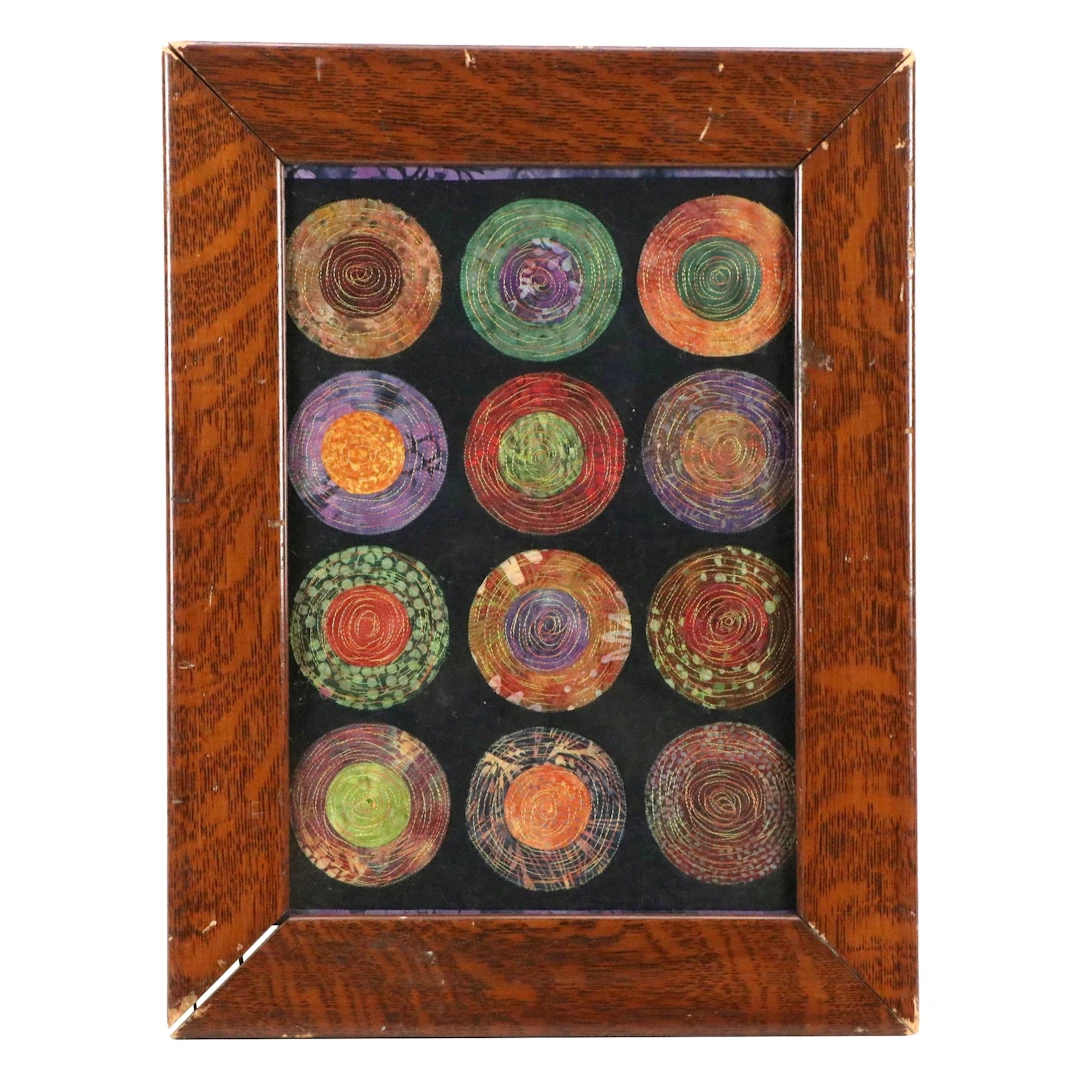 Quilted Textile with Geometric Circular Motif in Quartersawn Oak Frame