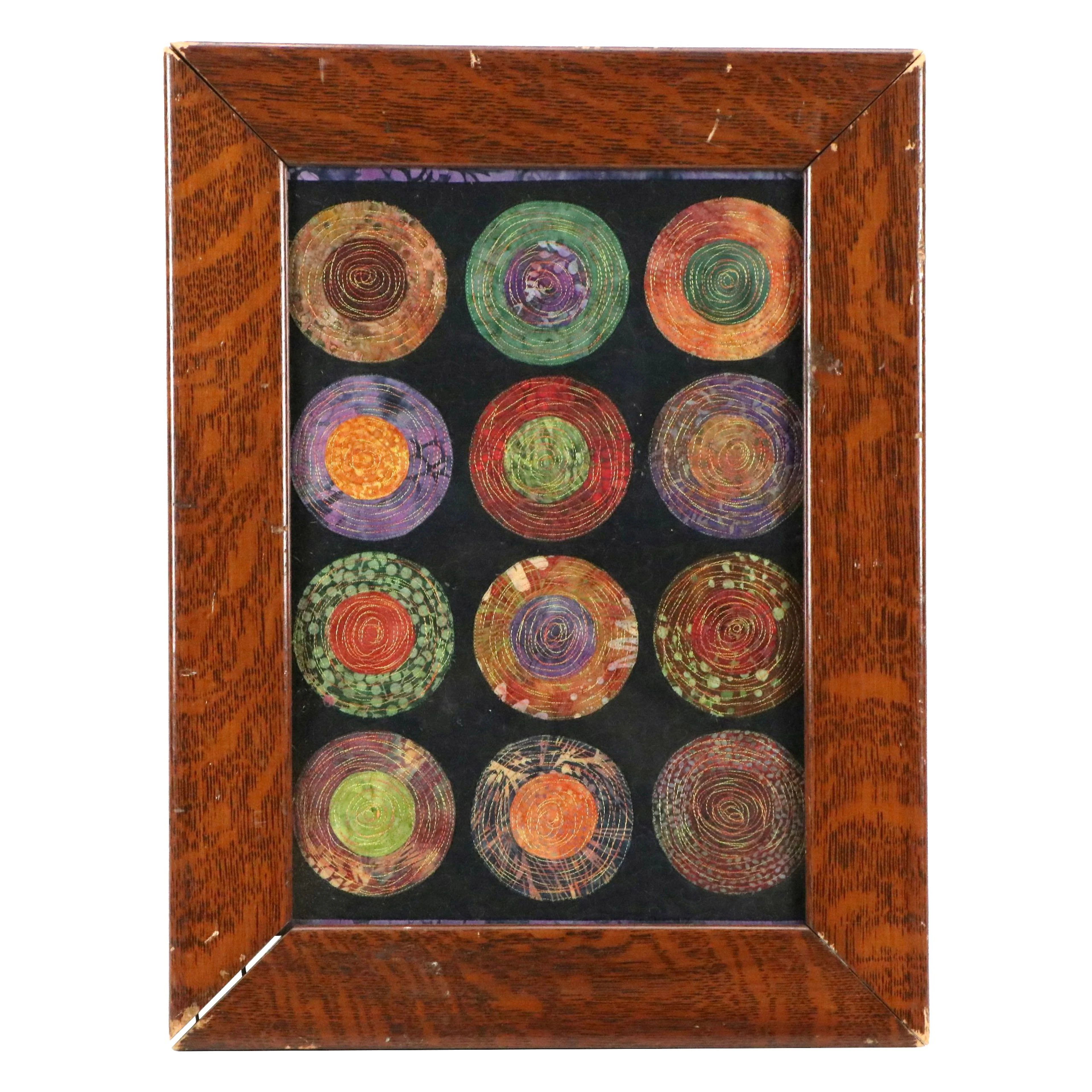 Quilted Textile with Geometric Circular Motif in Quartersawn Oak Frame