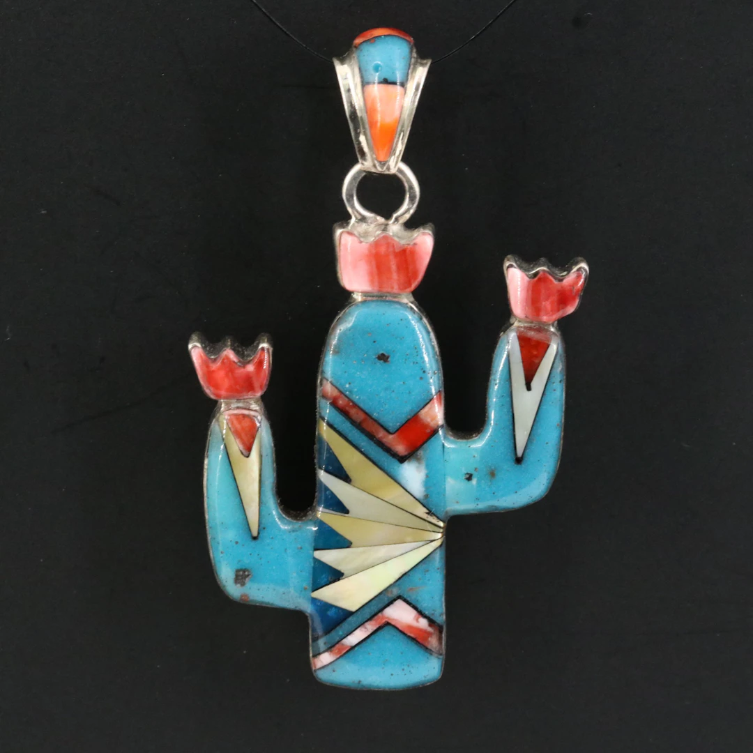 Western Style Sterling Gemstone Inlay Cactus Pendant