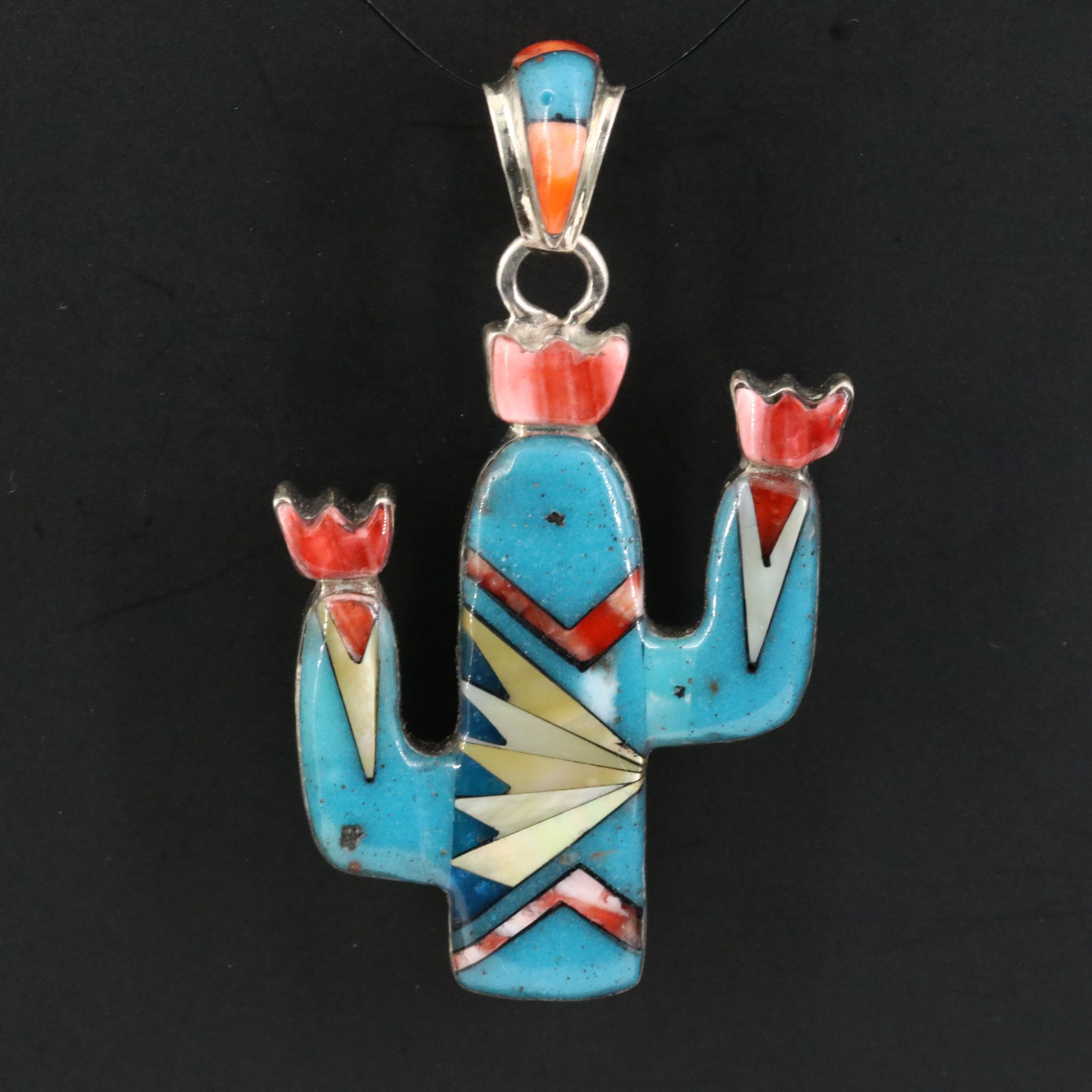 Western Style Sterling Gemstone Inlay Cactus Pendant