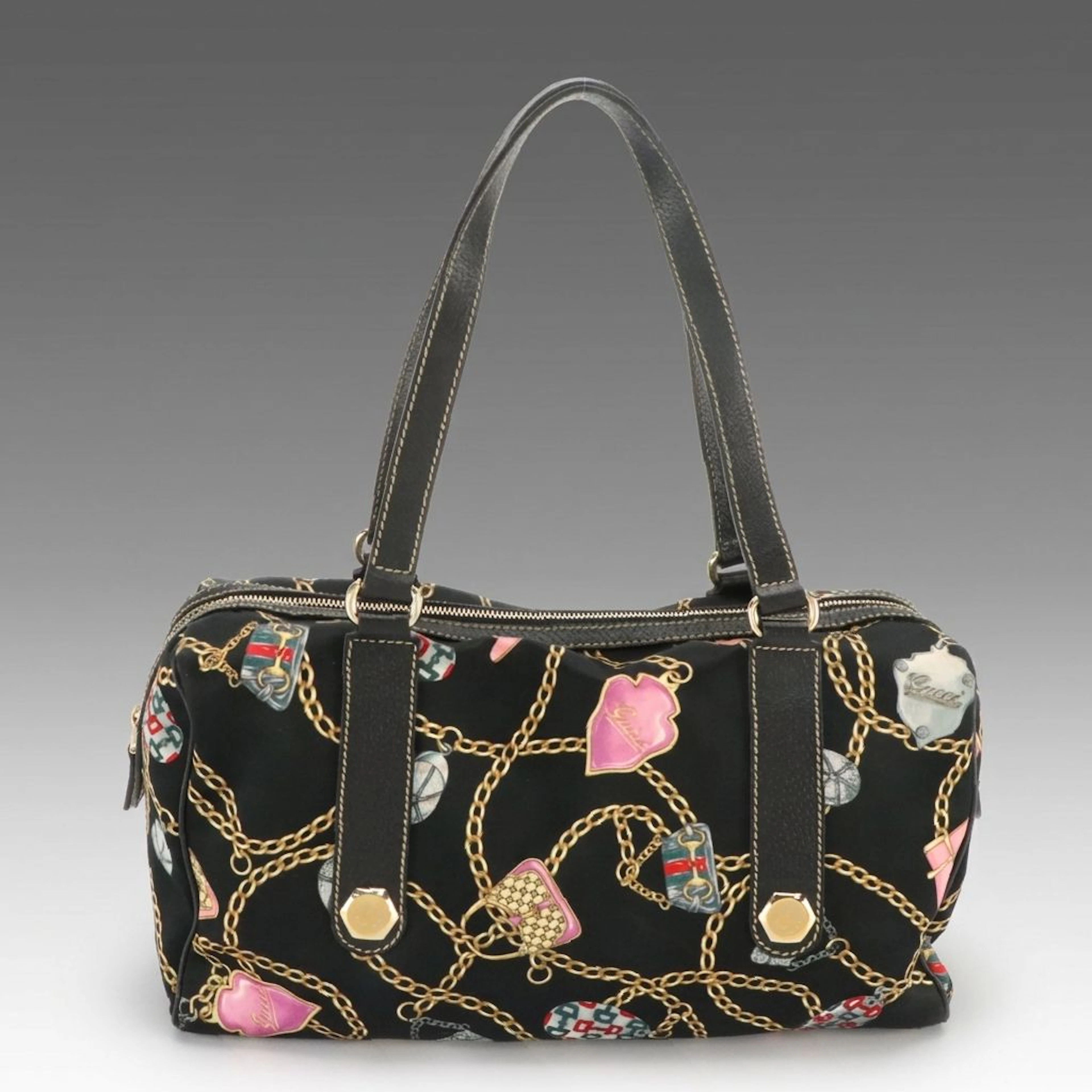 Gucci Charmy Boston Bag in Chain/Charm Printed Satin and Black Leather