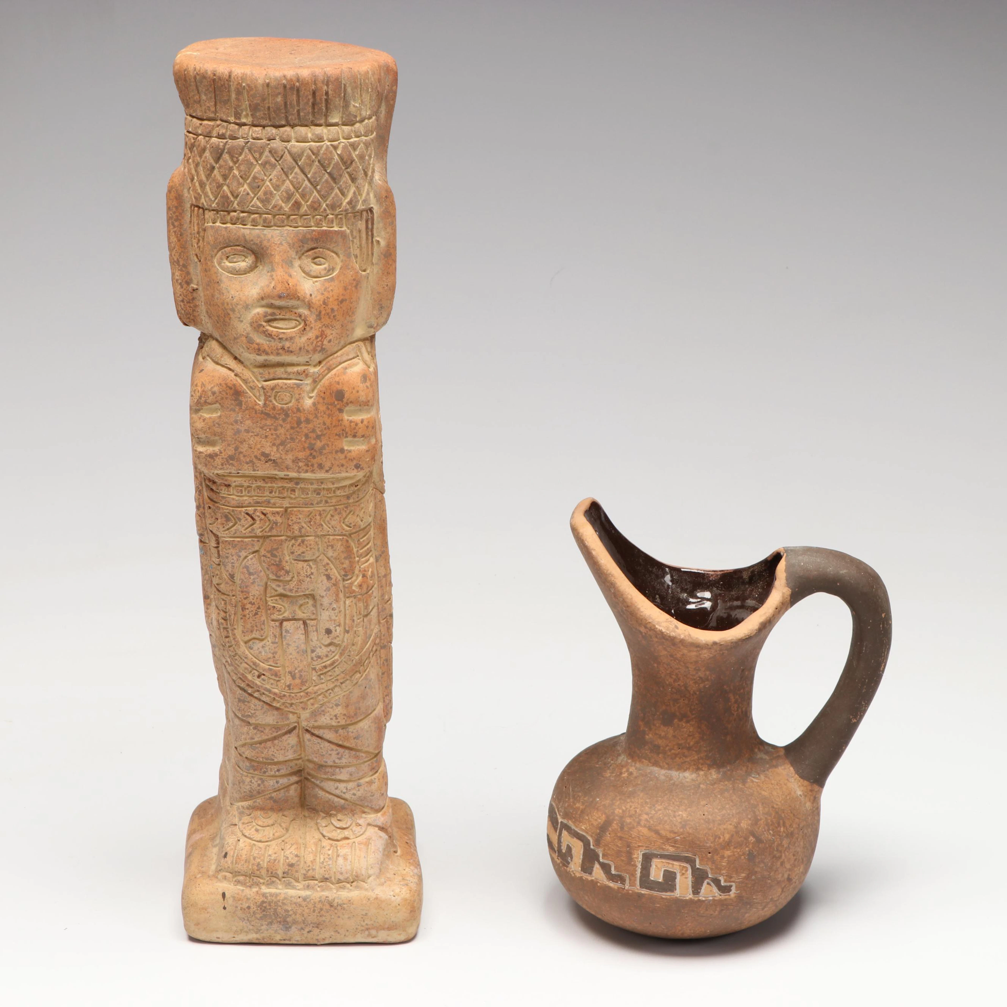 Ceramic Replica Toltec Warrior Statue with Aztec Style Jug
