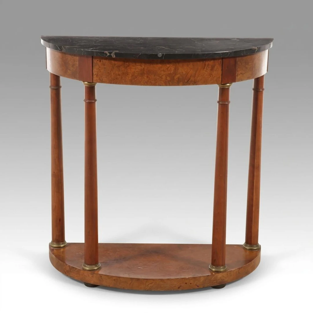 Baker Empire Style Cherrywood, Burl Elm, and Marble Top Demilune Console Table