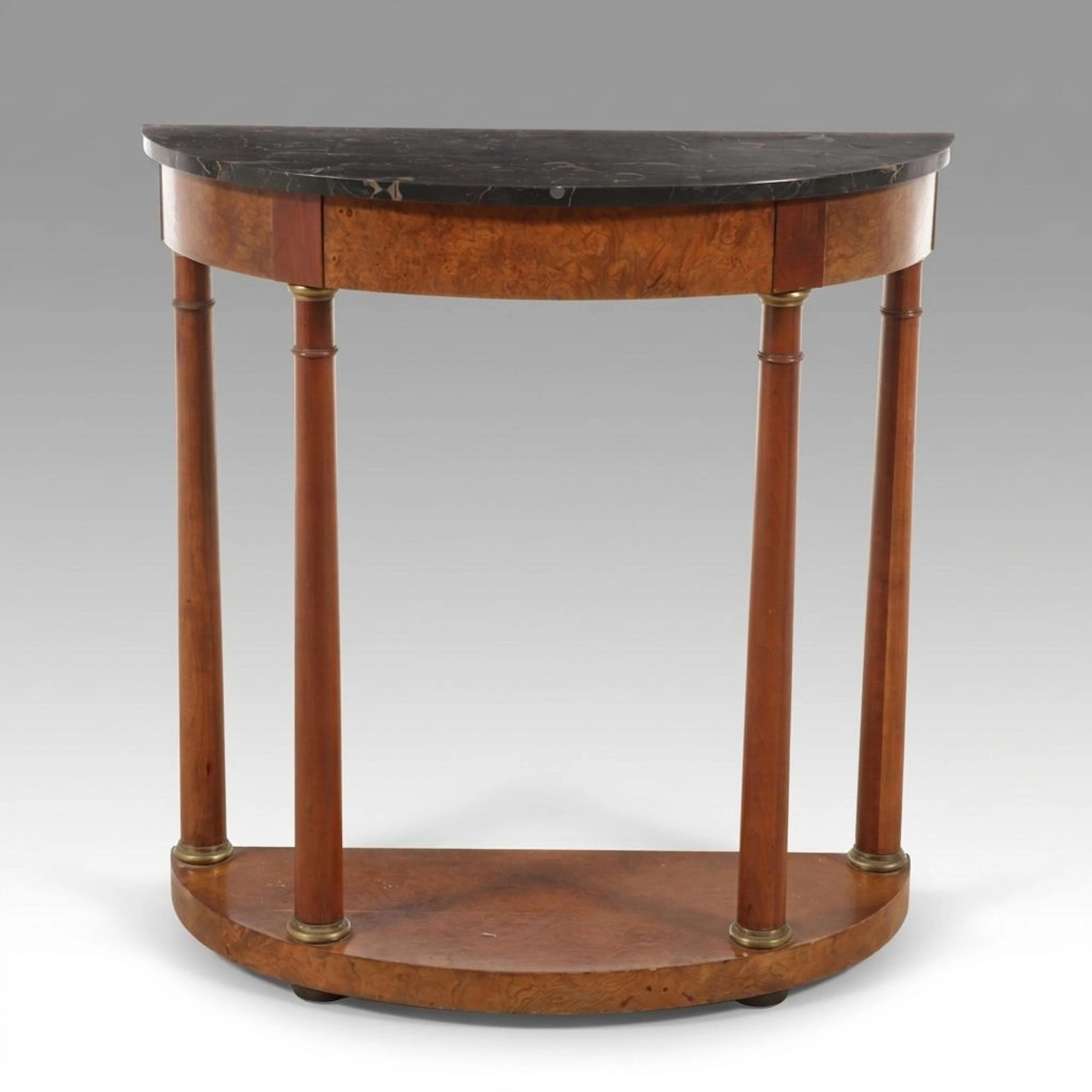 Baker Empire Style Cherrywood, Burl Elm, and Marble Top Demilune Console Table