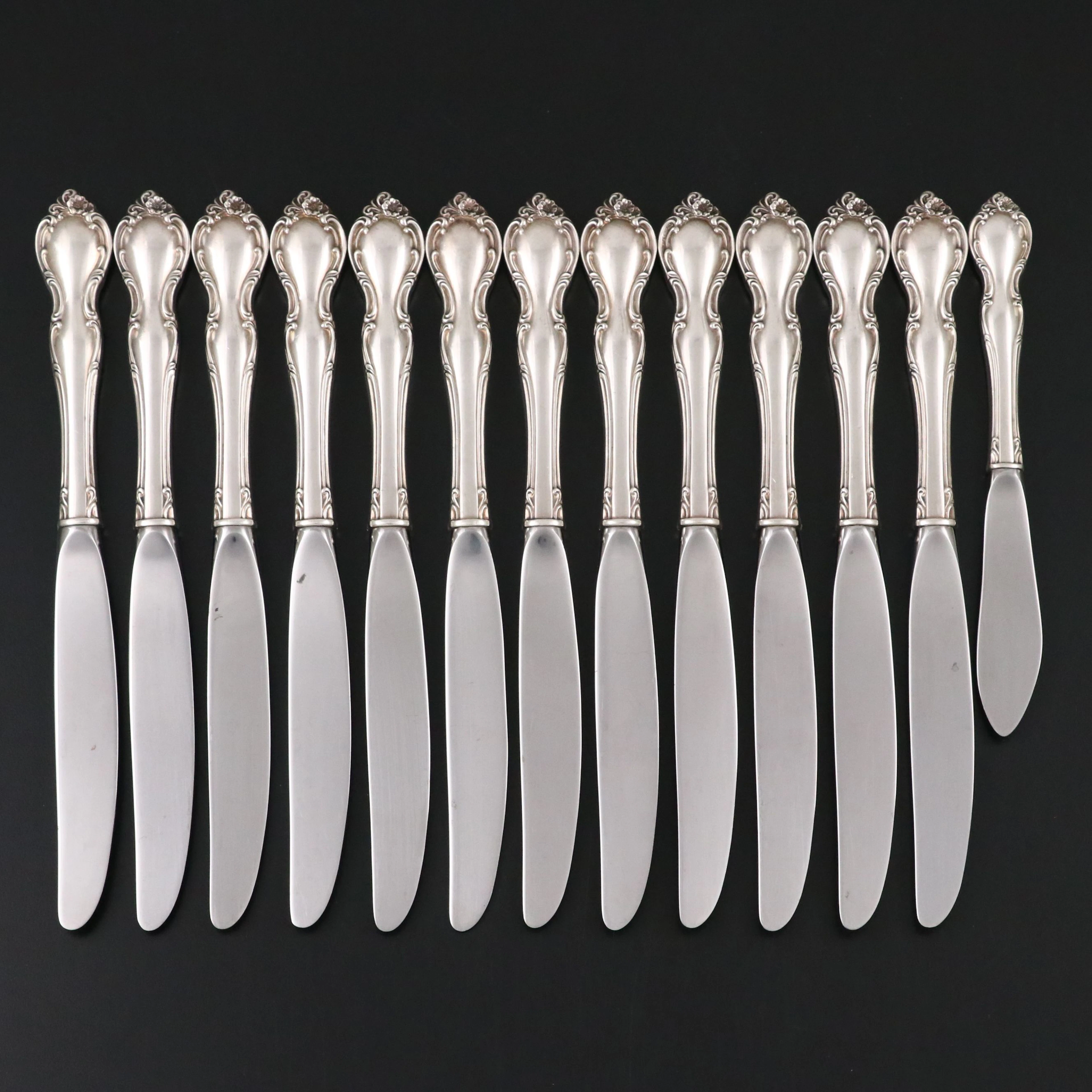 Alvin Sterling Silver Handled "Pirouette" Dinner Knives and Butter Spreader