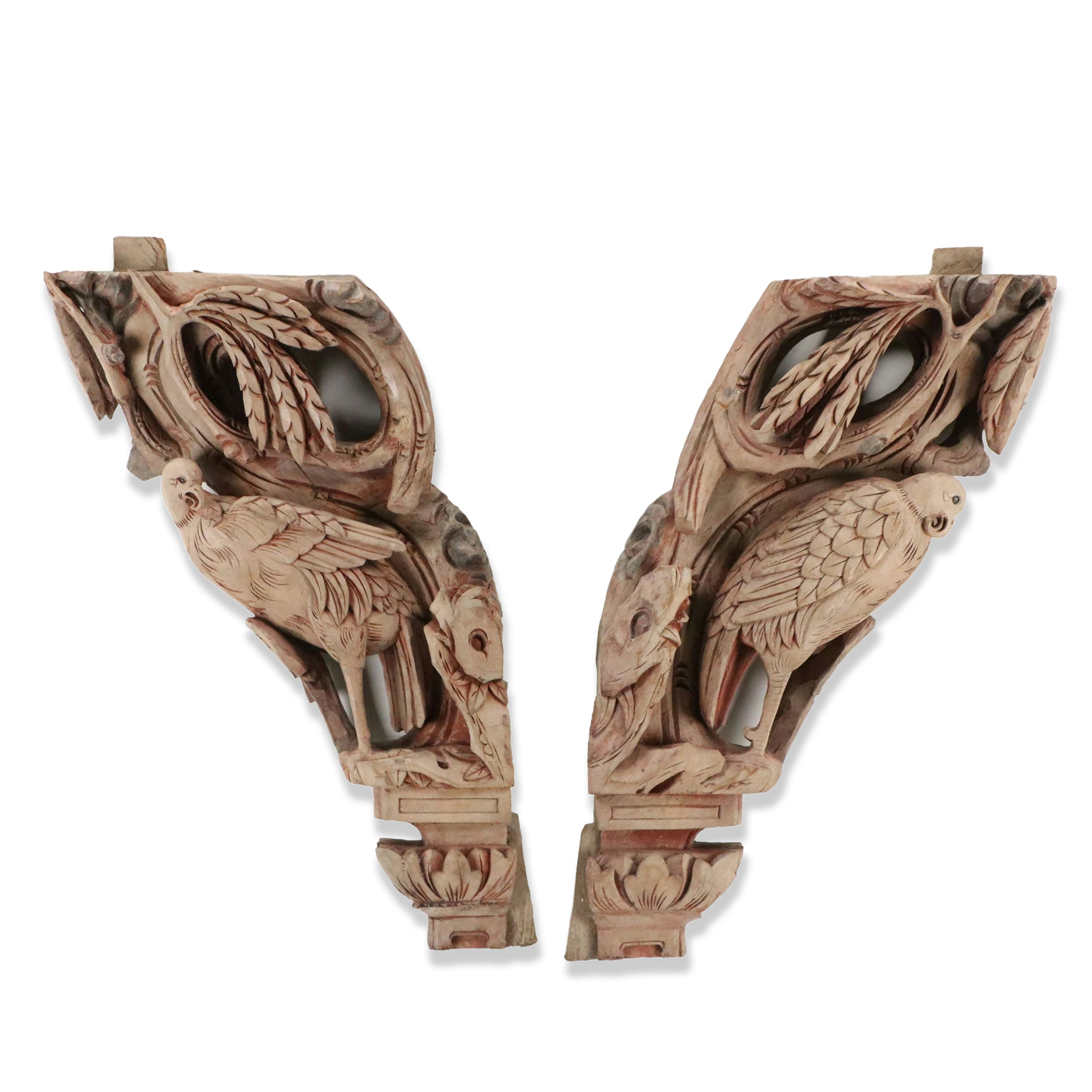 Pair of Antique Chinese School Carved Wood Bird Corbels