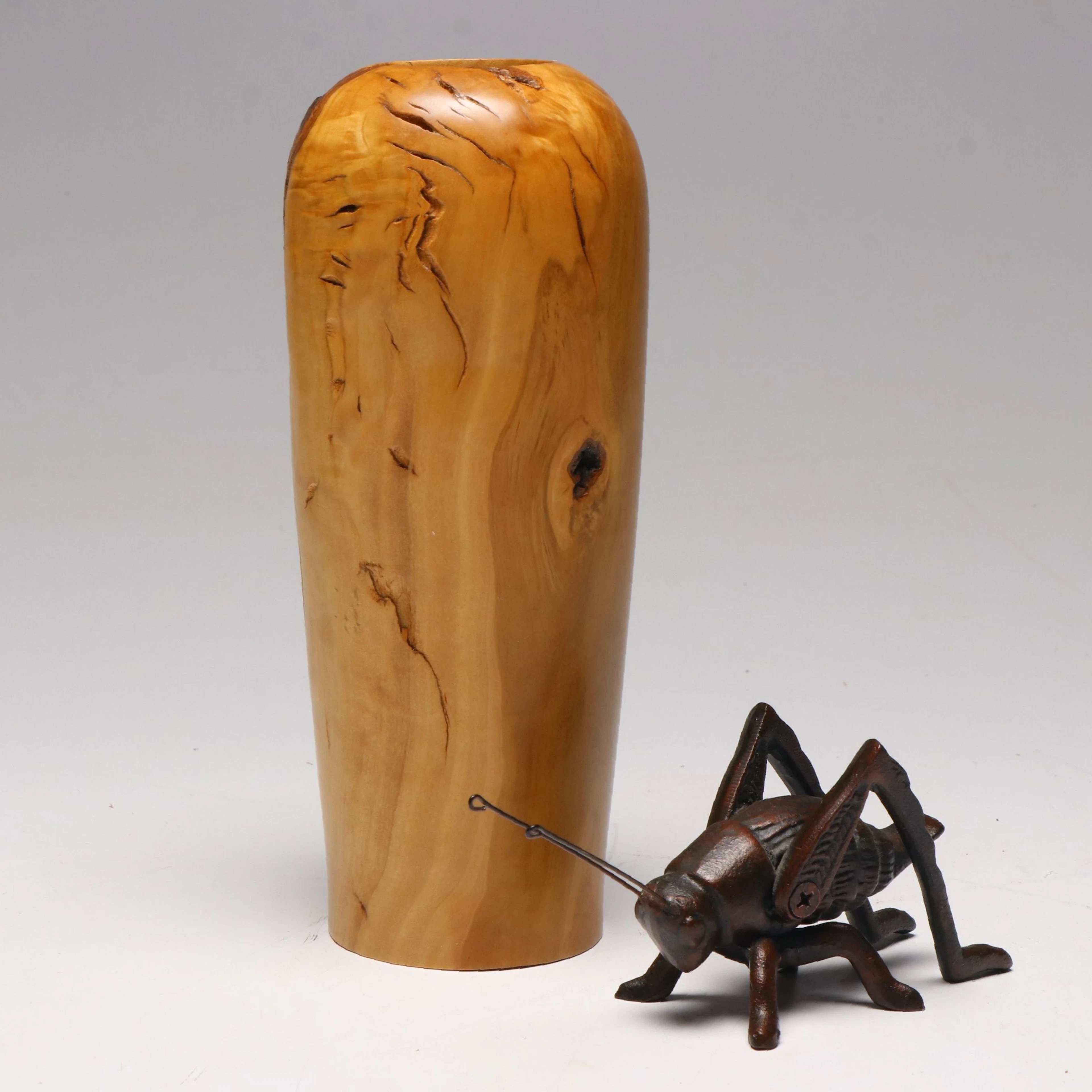 Hand-Turned Wood Vase with Industrial Metal Cricket Sculpture
