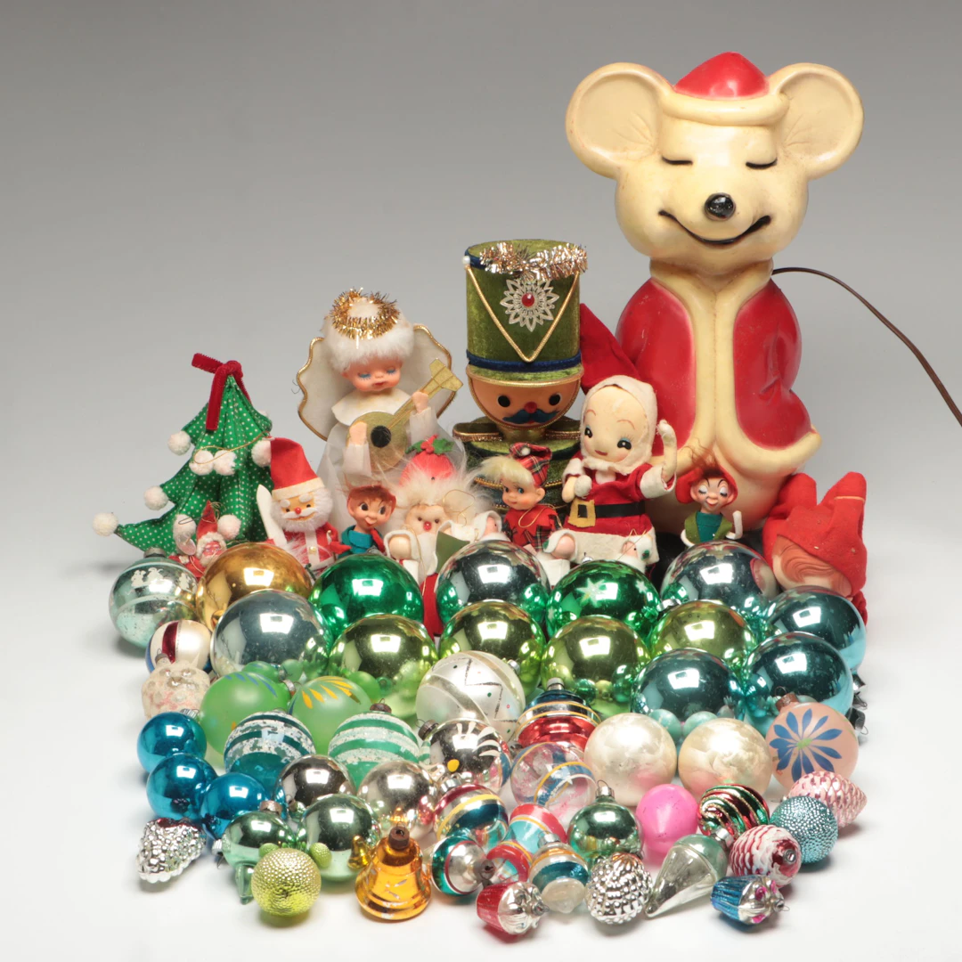 Mid-Century Plastic Mold Mouse in Santa Hat and More Christmas Décor