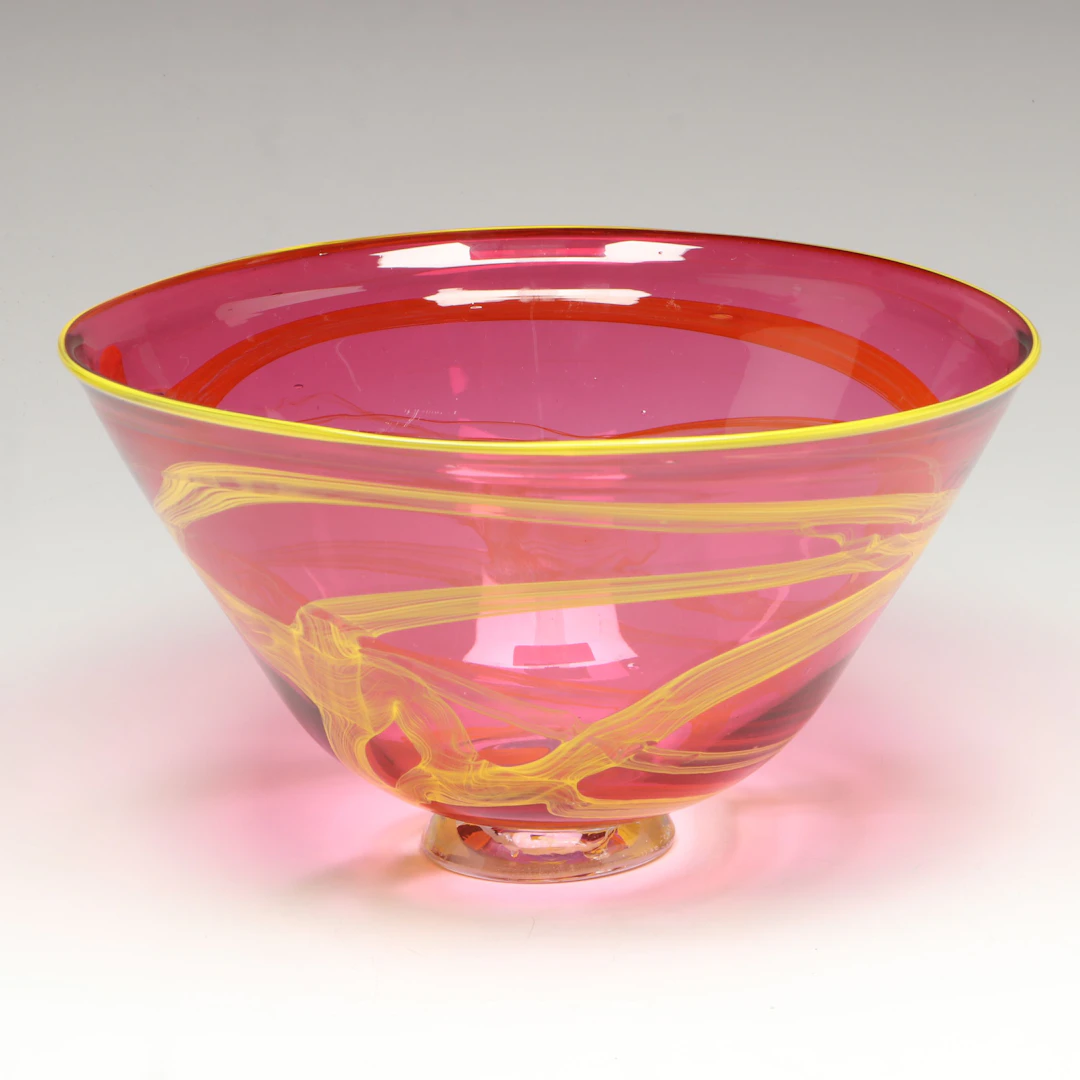 Garcia Glass Handblown Pink Yellow Swirled Bowl, 2002