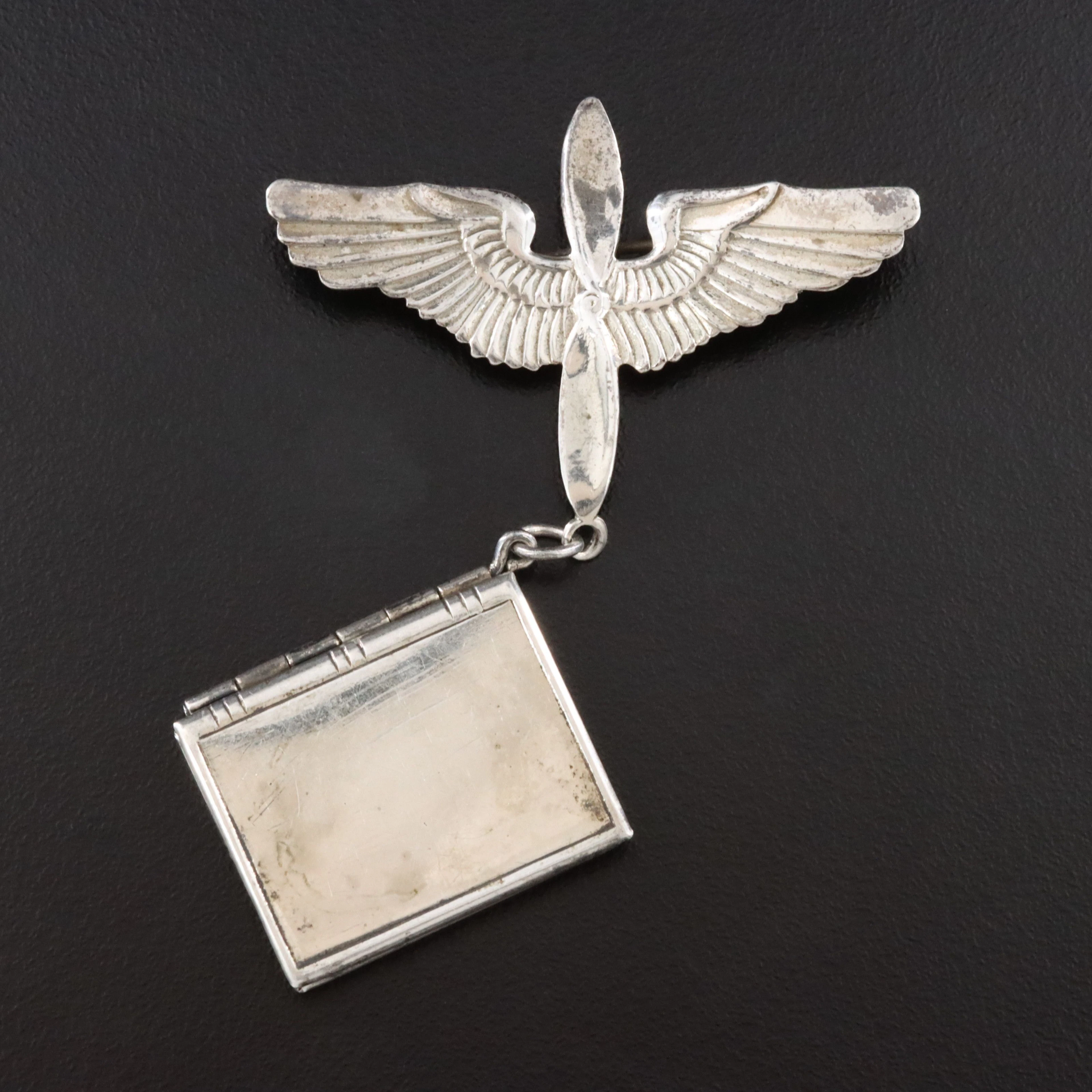 900 Silver Prop and Wings and Sterling Book Locket Brooch