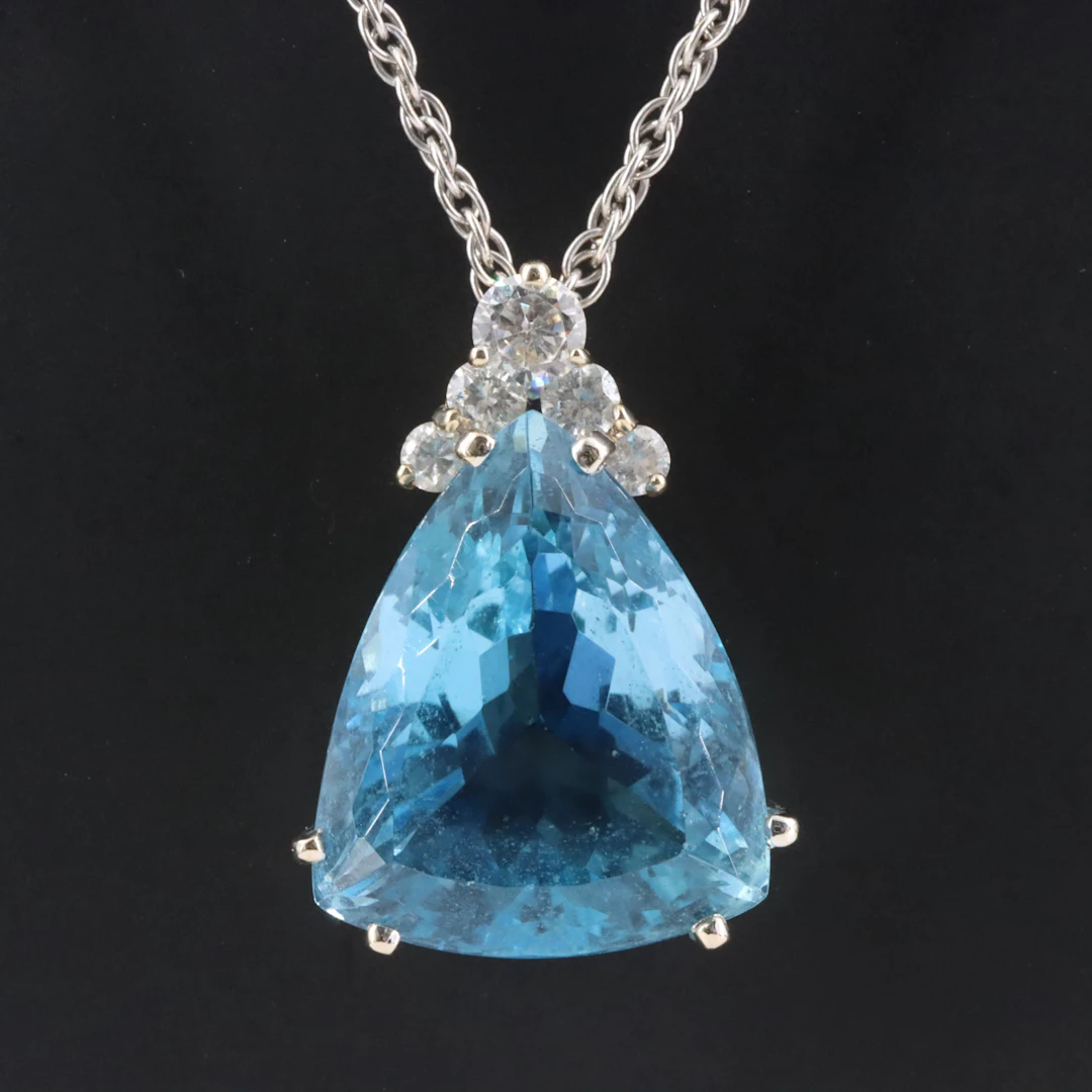 18K 14.91 CT Aquamarine and Diamond Pendant on 14K Necklace with GIA Report