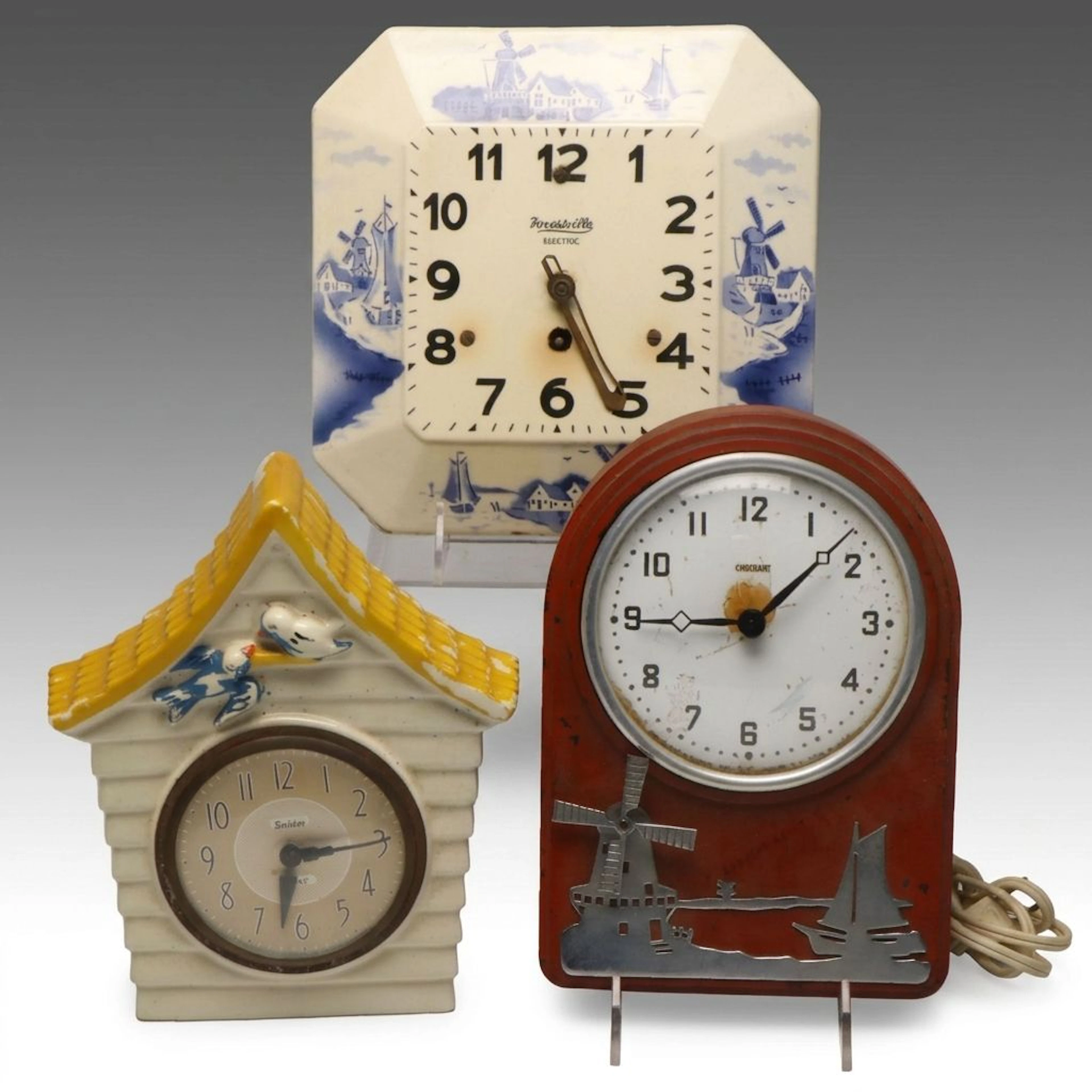 Vintage Forestville Ceramic Delft Blue and Other Wall Clocks
