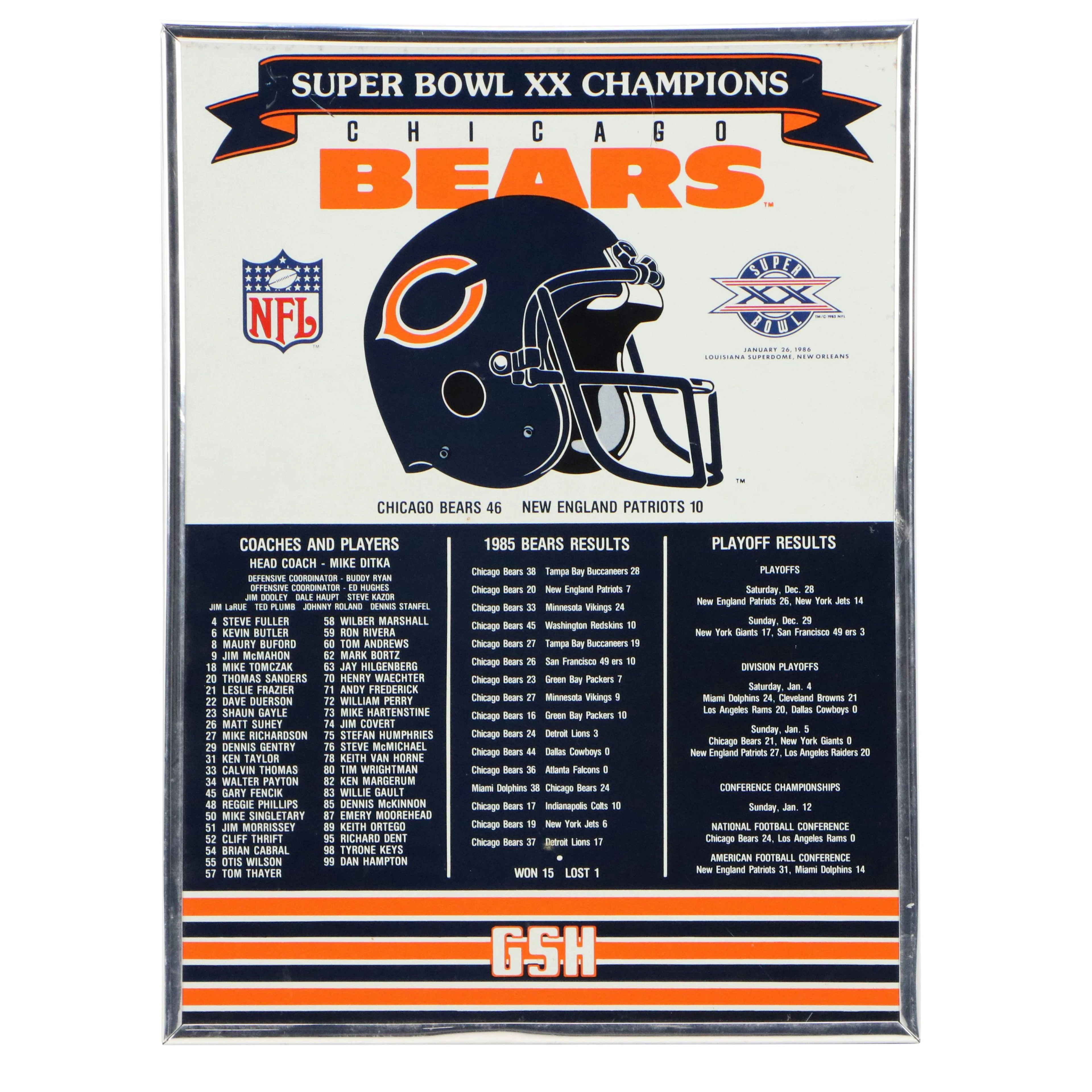 Chicago Bears Graphic Print Super Bowl XX Champions Commemorative Poster, 1980s