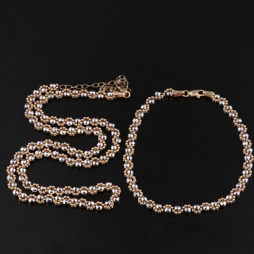 14K Two-Tone Bead Chain Necklace and Bracelet