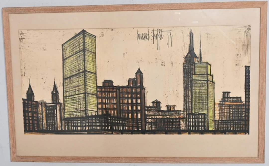 Bernard Buffet, New York skyline, signerad och daterad -58 i tryck