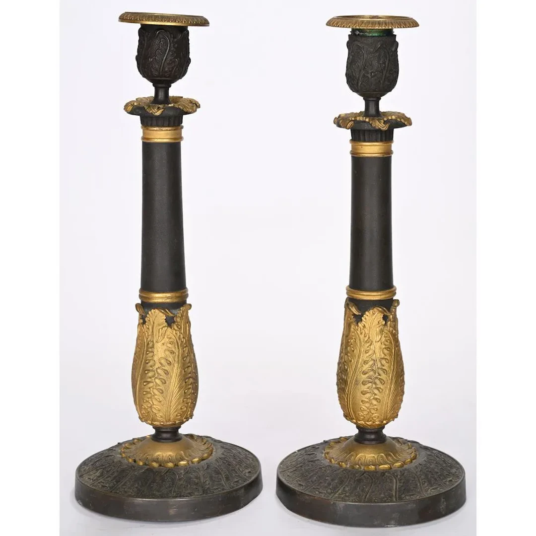 A BEAUTIFUL PAIR OF RESTORED BRONZE CANDLESTICKS with a double green