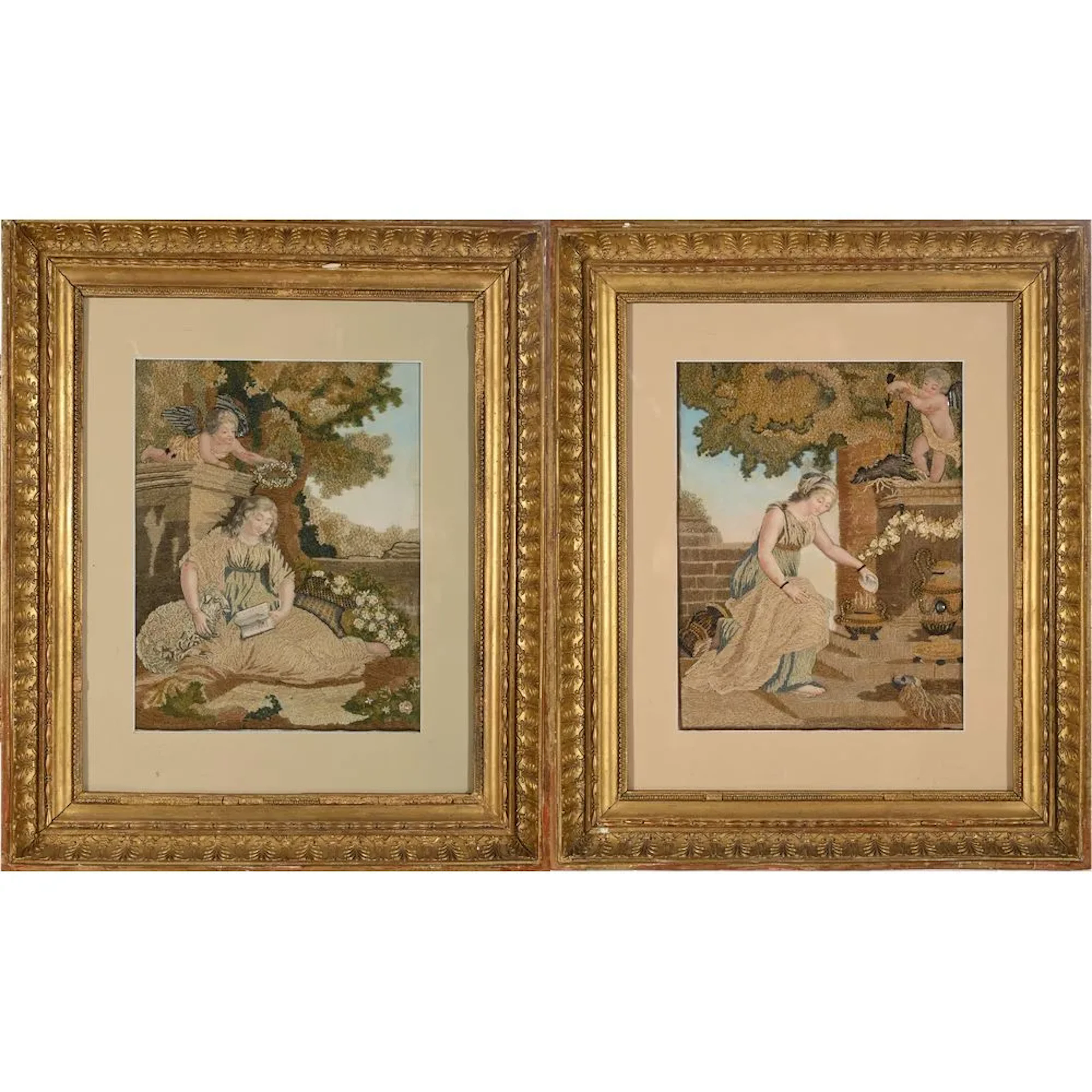 PAIR OF EMBROIDERED PAINTINGS depicting Cupid bestowing love and a