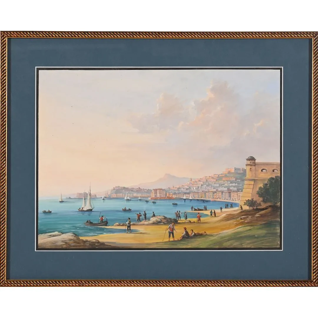 19th-century ITALIAN SCHOOL. “Bay of Naples with a Lively Scene.”