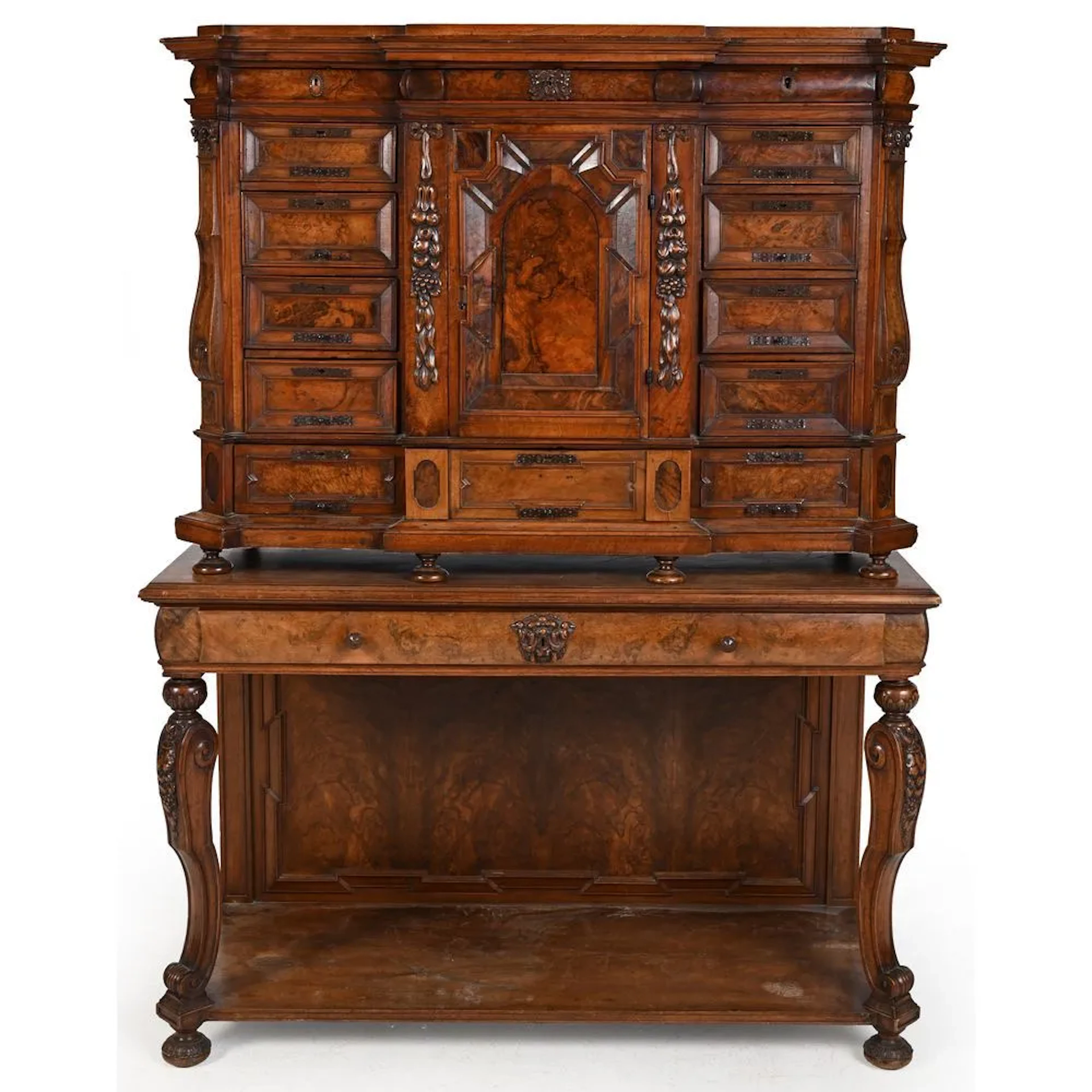 GERMAN CABINET made of burl walnut and native woods. It opens with