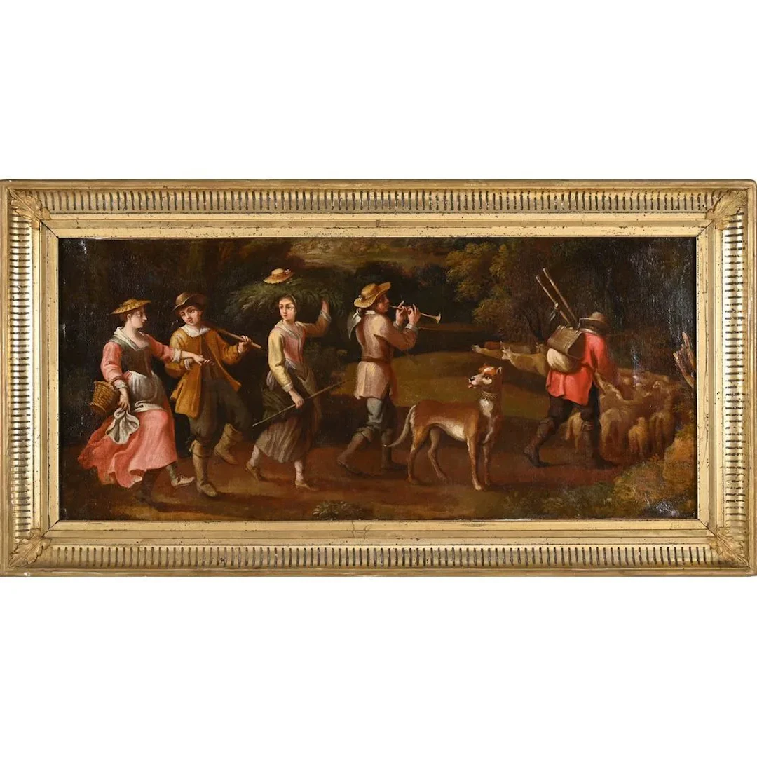 18th-Century French School. “Rural Festivities.” Oil on canvas. H.