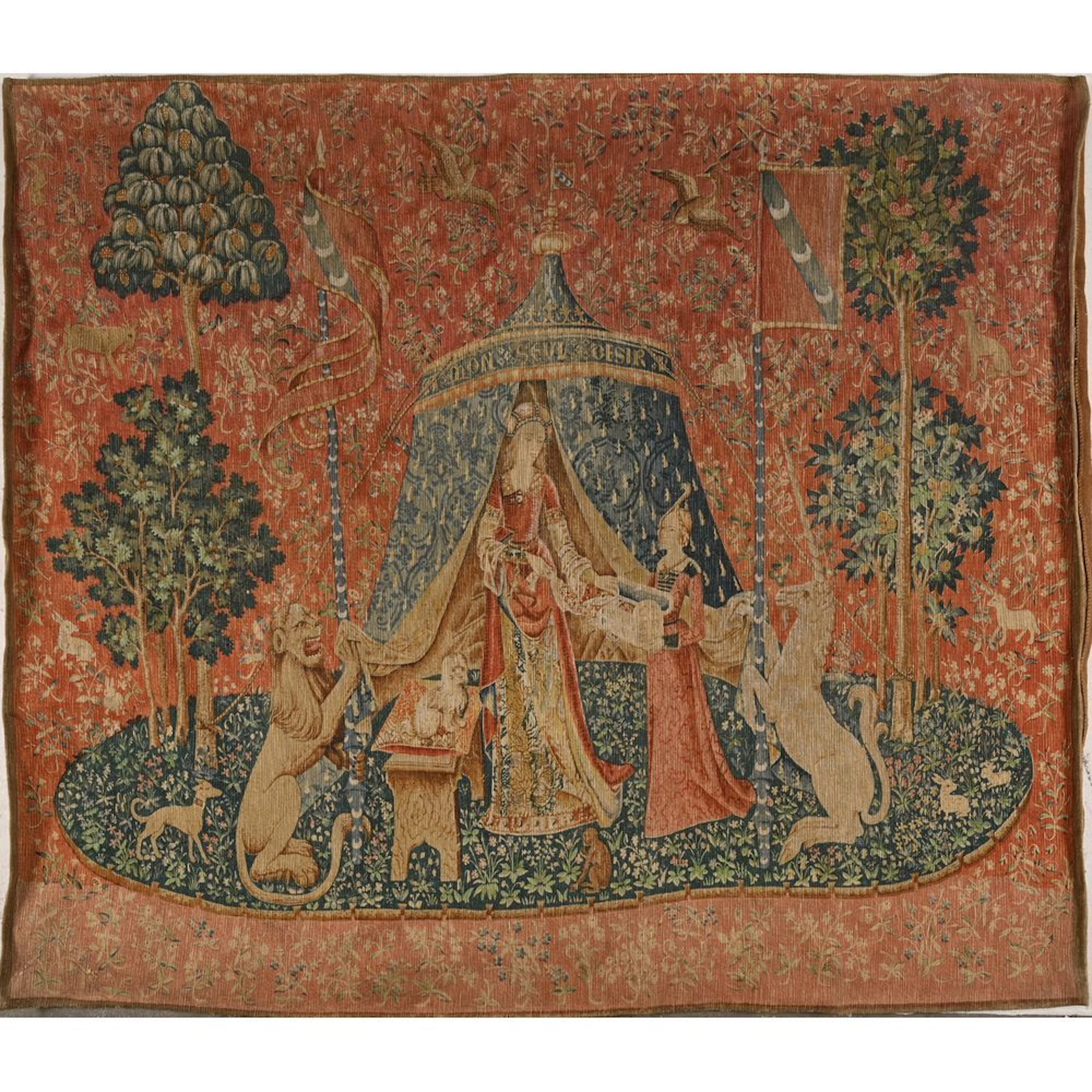Antique tapestry depicting the Lady and the Unicorn. Beautifully soft