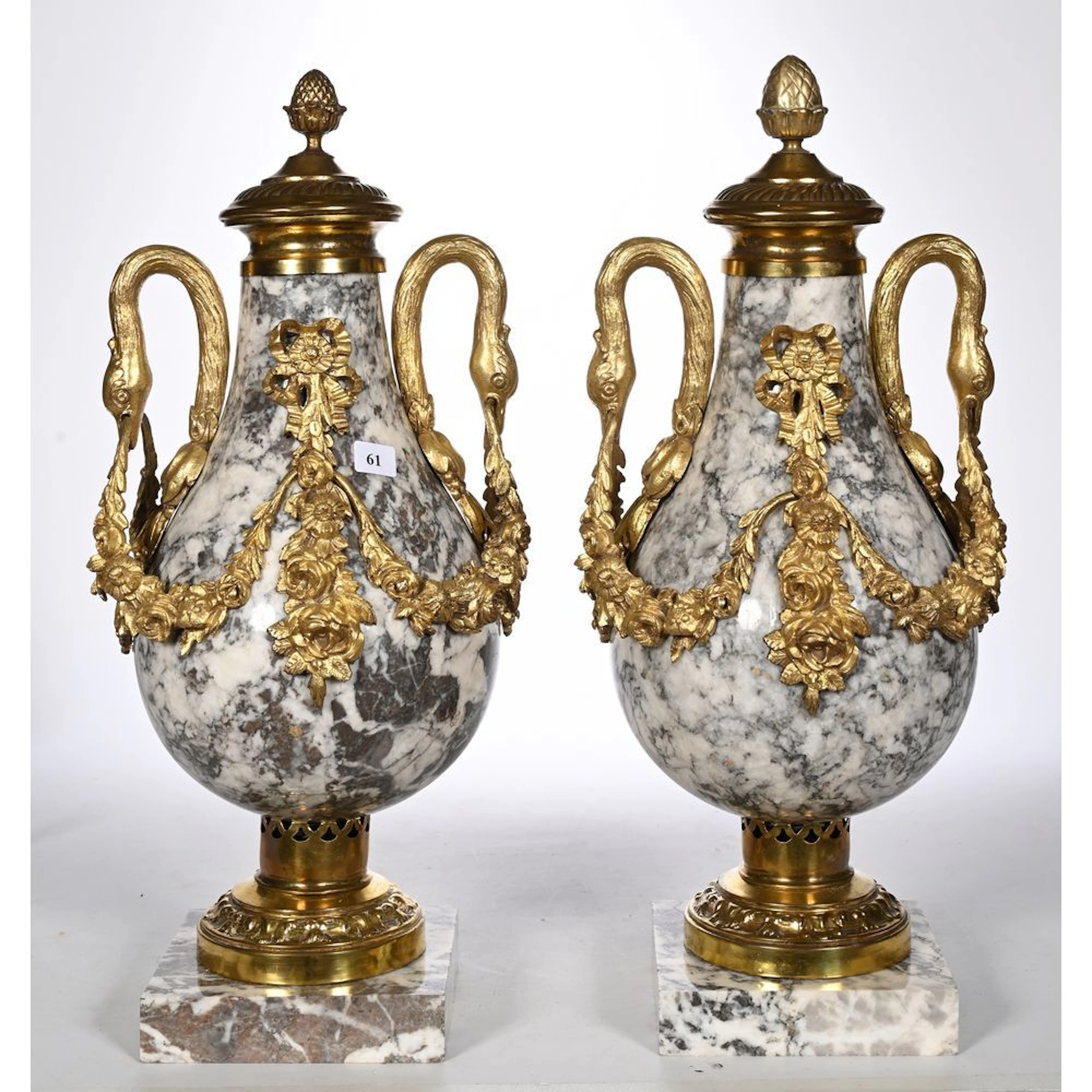 PAIR OF VASES made of veined white marble with gilded bronze mounts