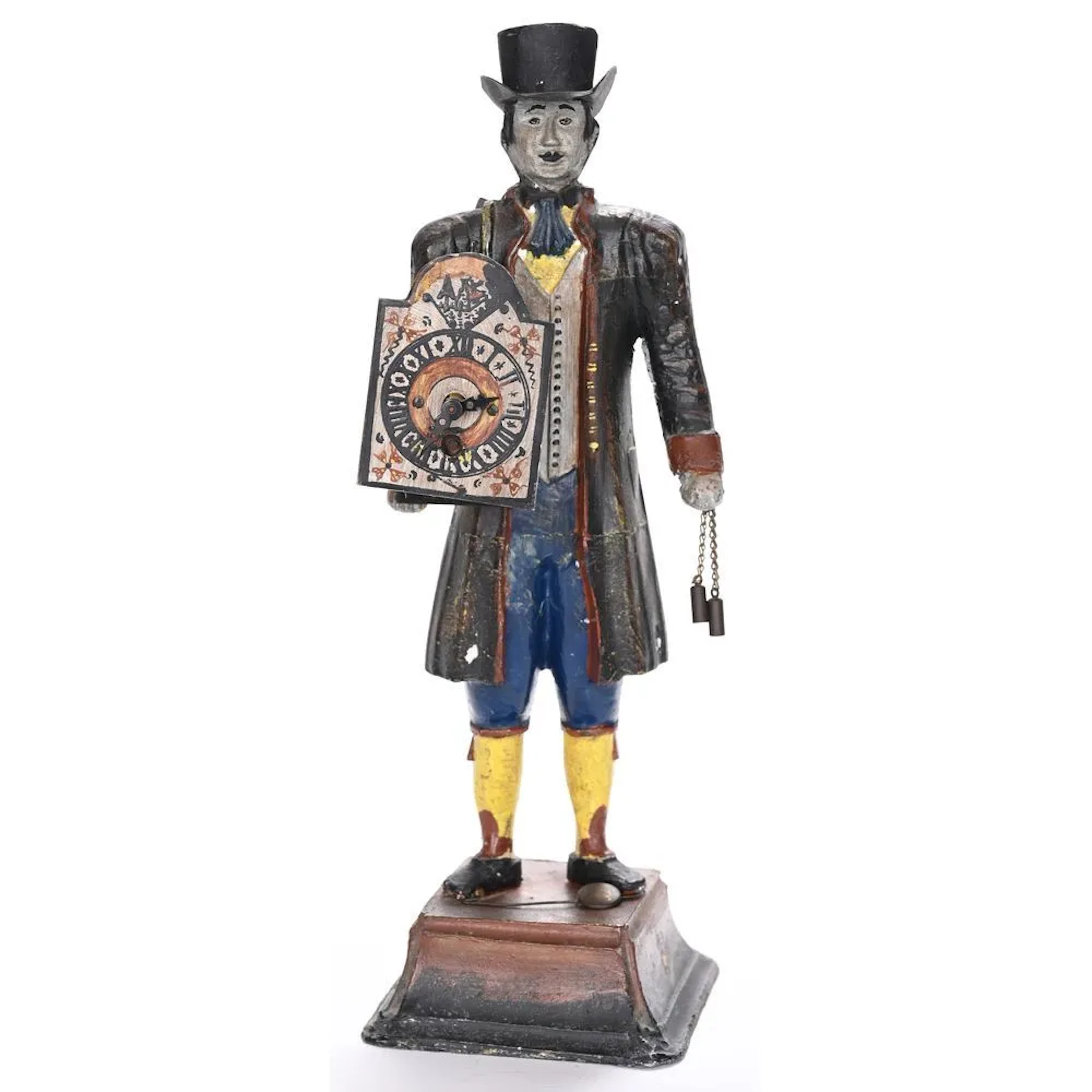 A painted cast-iron figure on a pedestal, holding a small clock mechanism