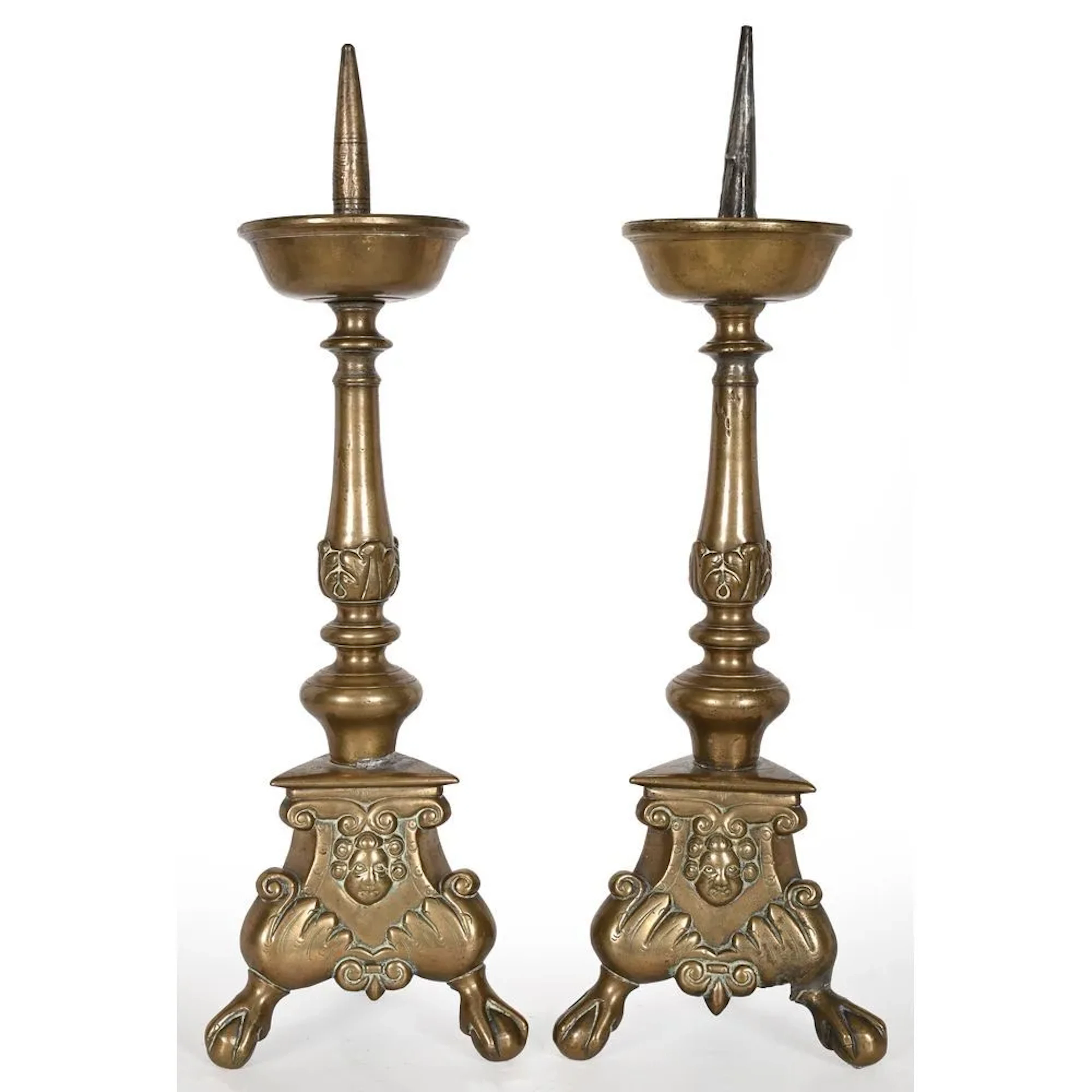 PAIR OF LOUIS XIII CANDLESTICKS in bronze with tripod bases decorated