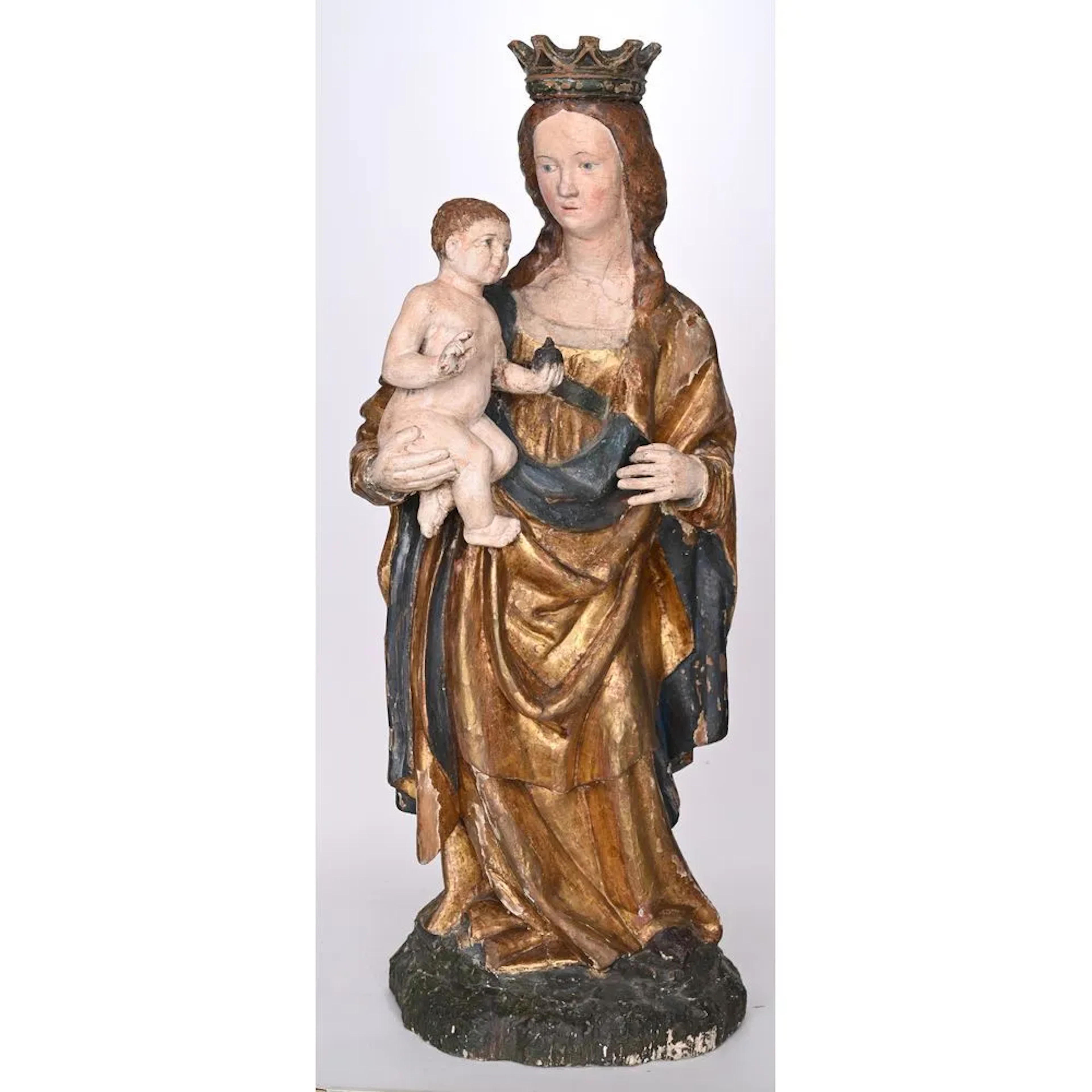 A BEAUTIFUL carved, polychrome, and gilded WOODEN SCULPTURE depicting