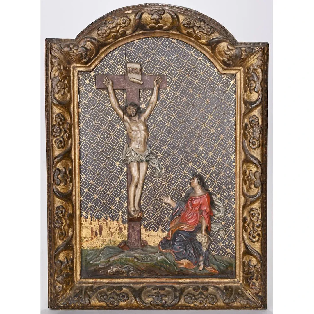 Polychrome wooden bas-relief panel depicting a crucifixion scene with