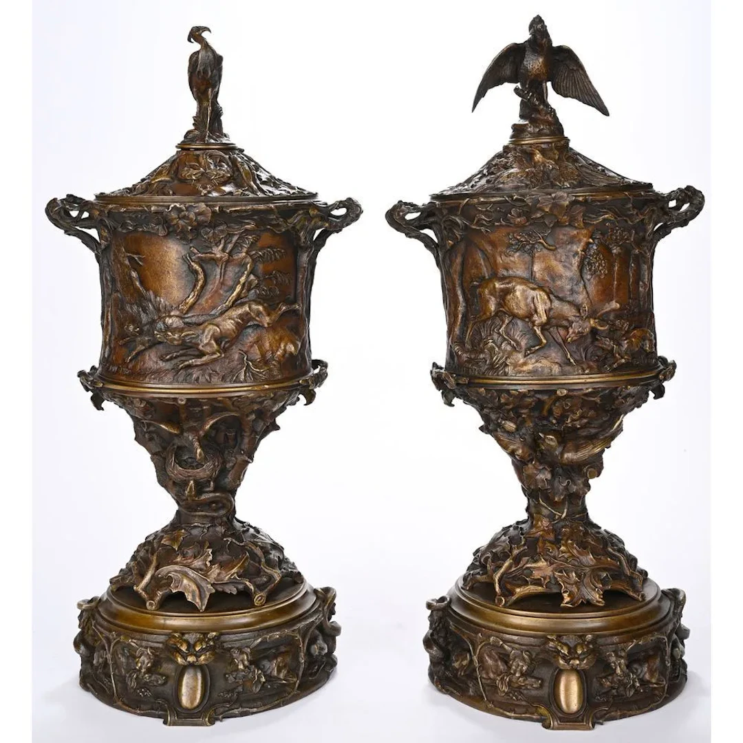 MENE, Pierre-Jules. (1810–1879). “Pair of hunting cups.” Signed bronzes