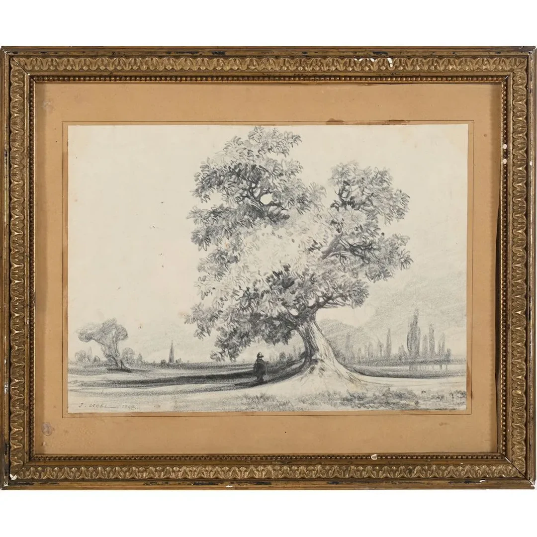 NOËL, Jules. (1815–1881). “Peasant Near a Large Oak Tree.” Pencil