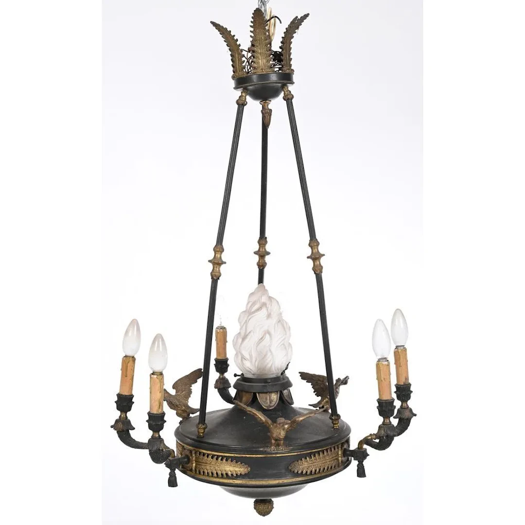 EMPIRE-STYLE CHANDELIER in bronze with a double patina, featuring