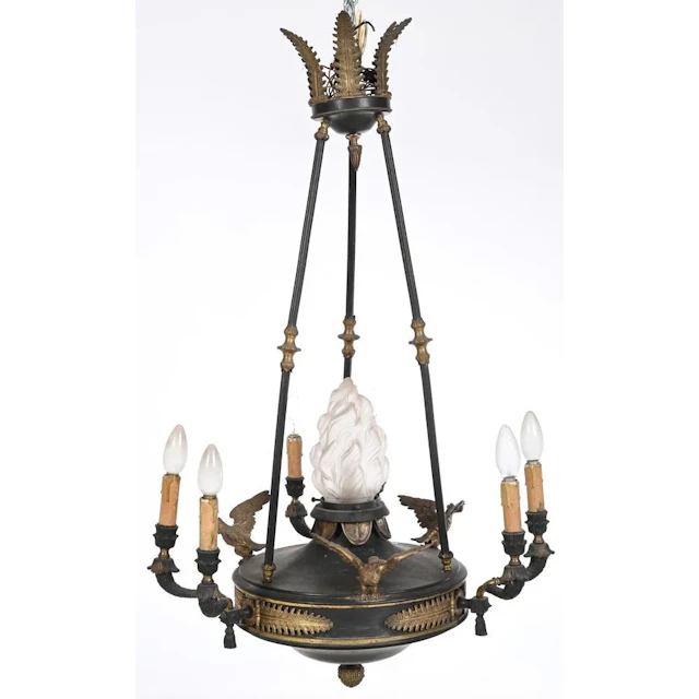 EMPIRE-STYLE CHANDELIER in bronze with a double patina, featuring