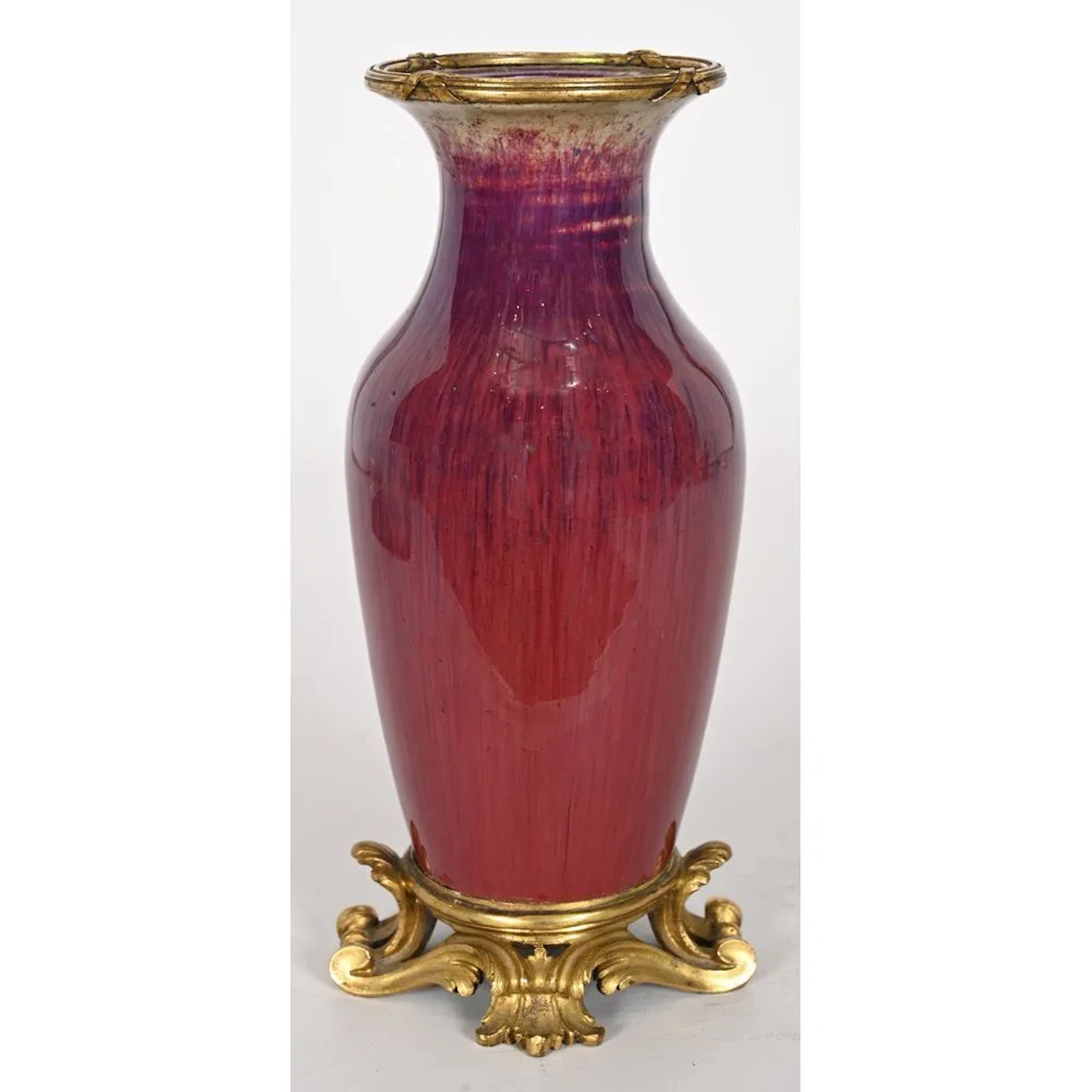 Wine-red glazed ceramic VASE. (Slight chip along the rim). Rocaille