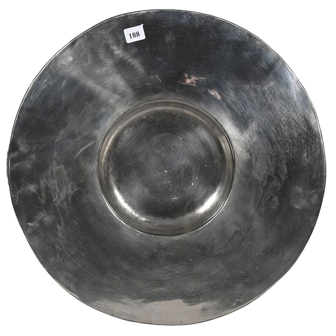 "PLAT à la Cardinal" pewter dish stamped with a crowned rose. Diameter 37.