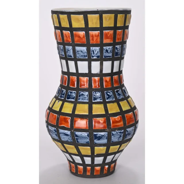 CAPRON in VALLAURIS. Glazed ceramic vase with a polychrome checkered