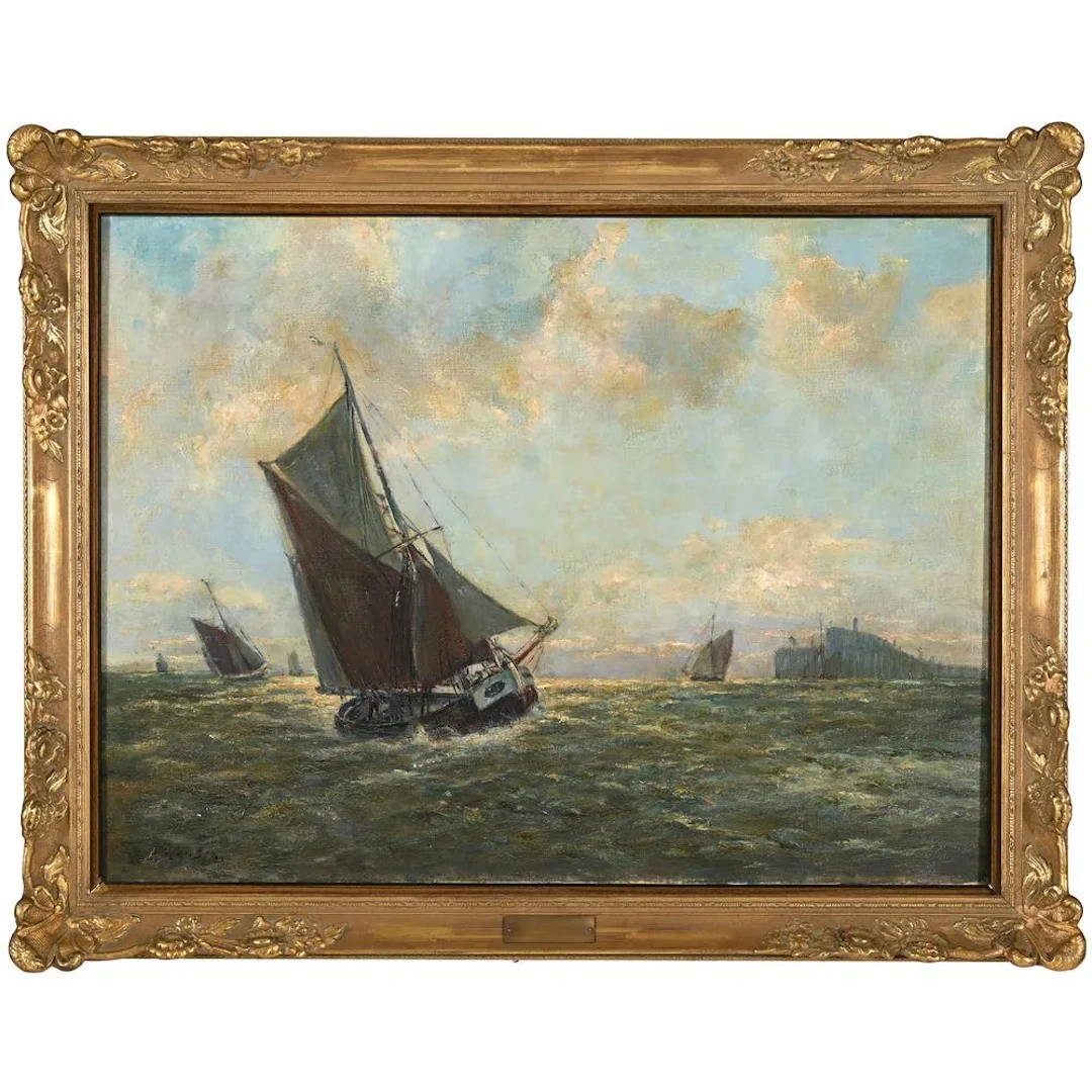 HANSEN E. 19th-century school. “Sailing Ships Along the Coast.” Signed