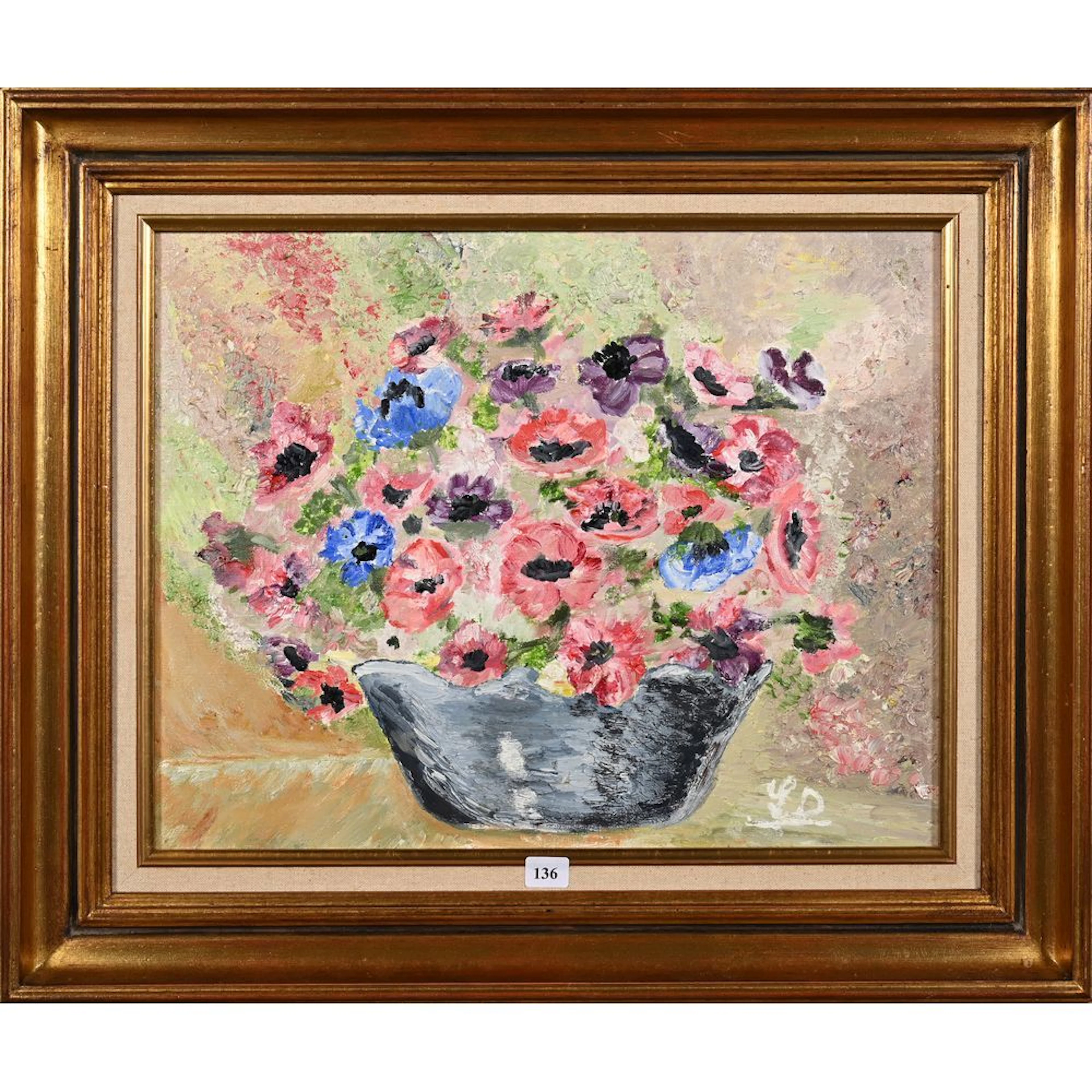 BIGEAUX, L. “Still Life with a Vase of Pansies.” Oil on canvas, signed