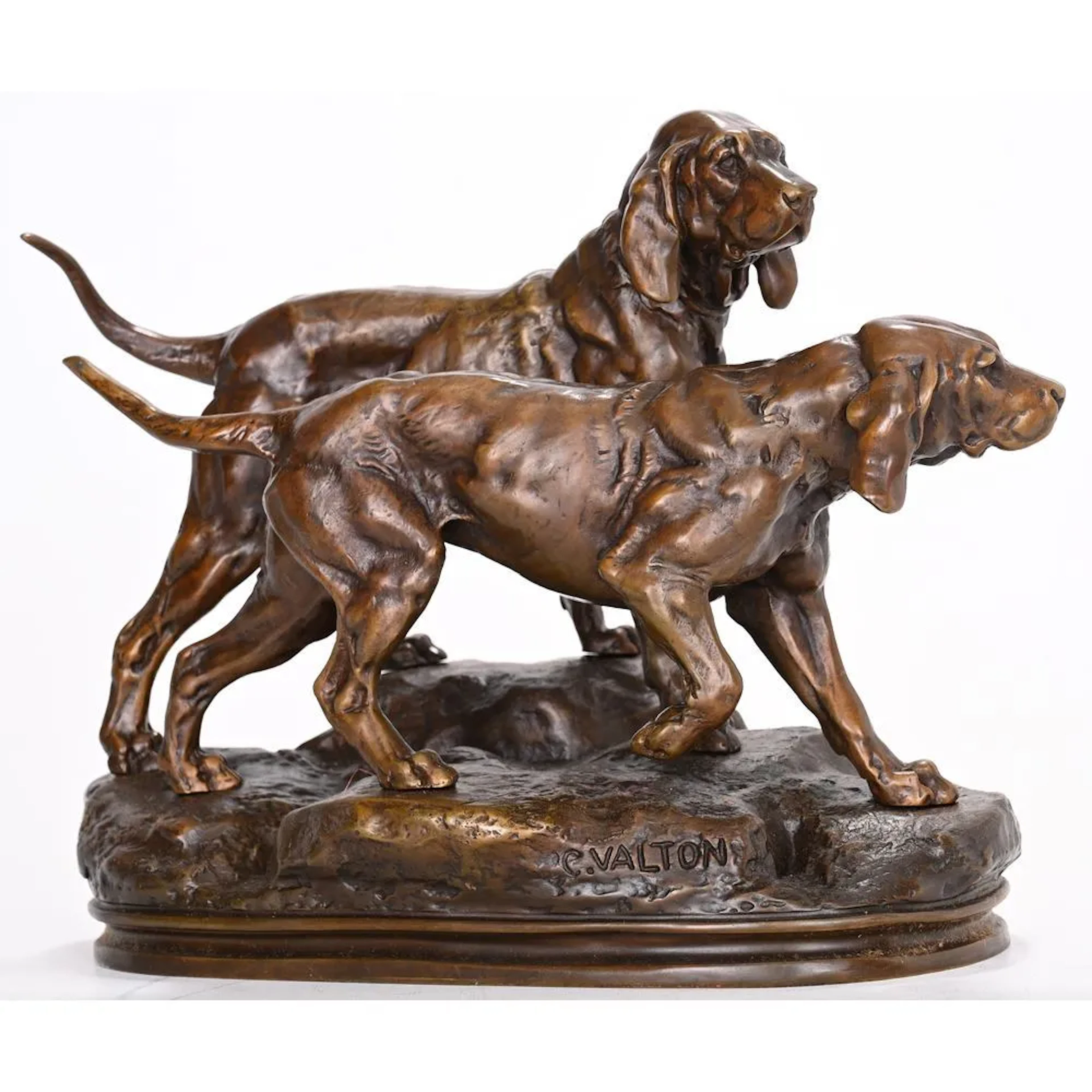 VALTON, Charles. (1851–1918). “Two Hunting Dogs on a Terrace.” Bronze