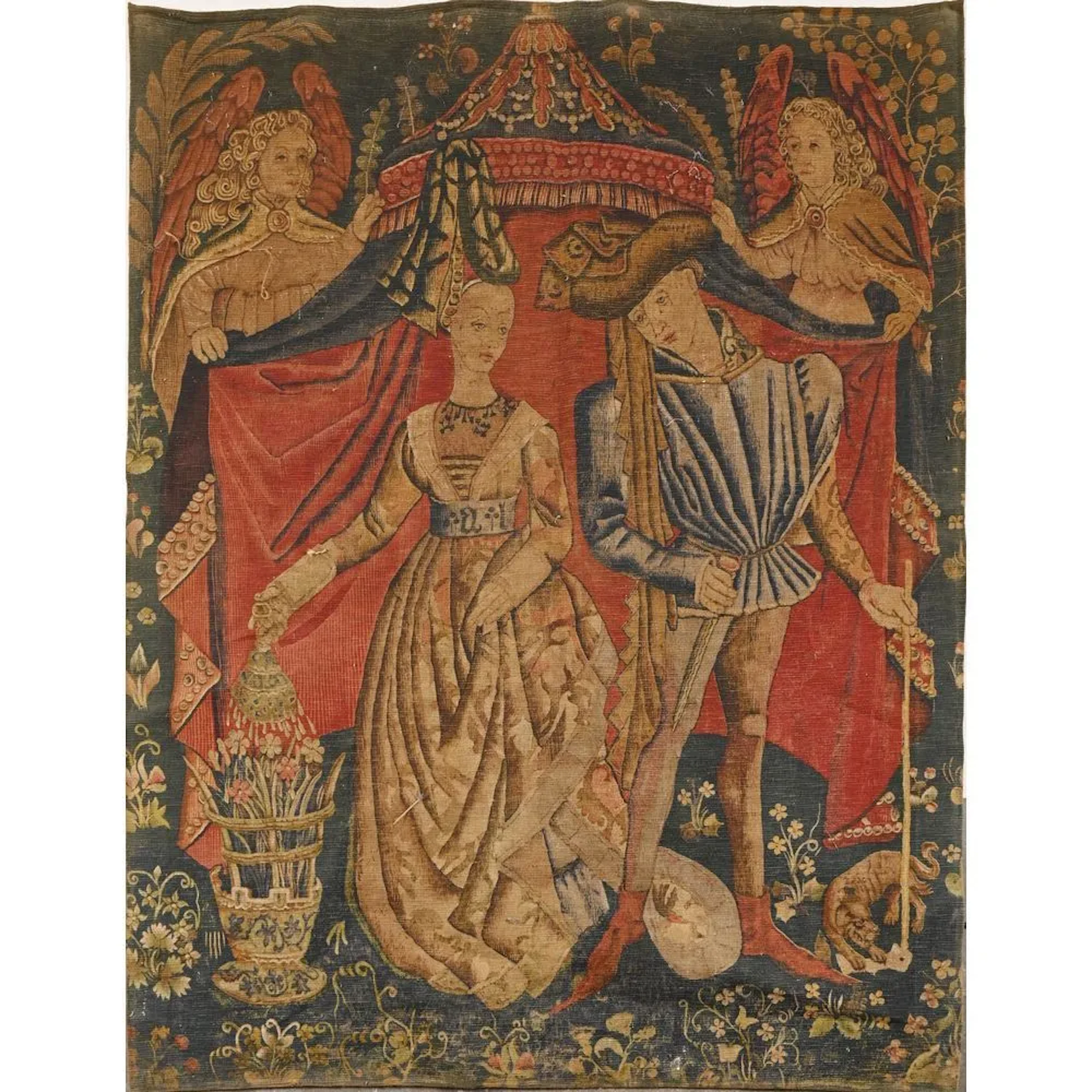 Antique TAPESTRY depicting a medieval couple surrounded by two angels.