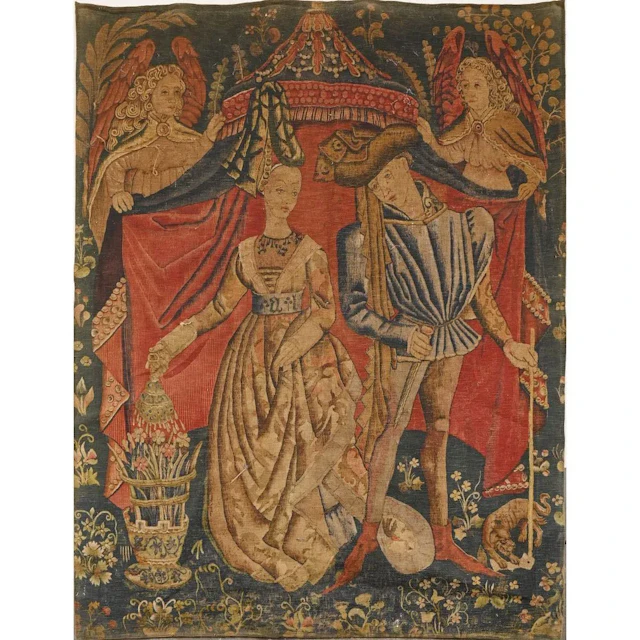 Antique TAPESTRY depicting a medieval couple surrounded by two angels.