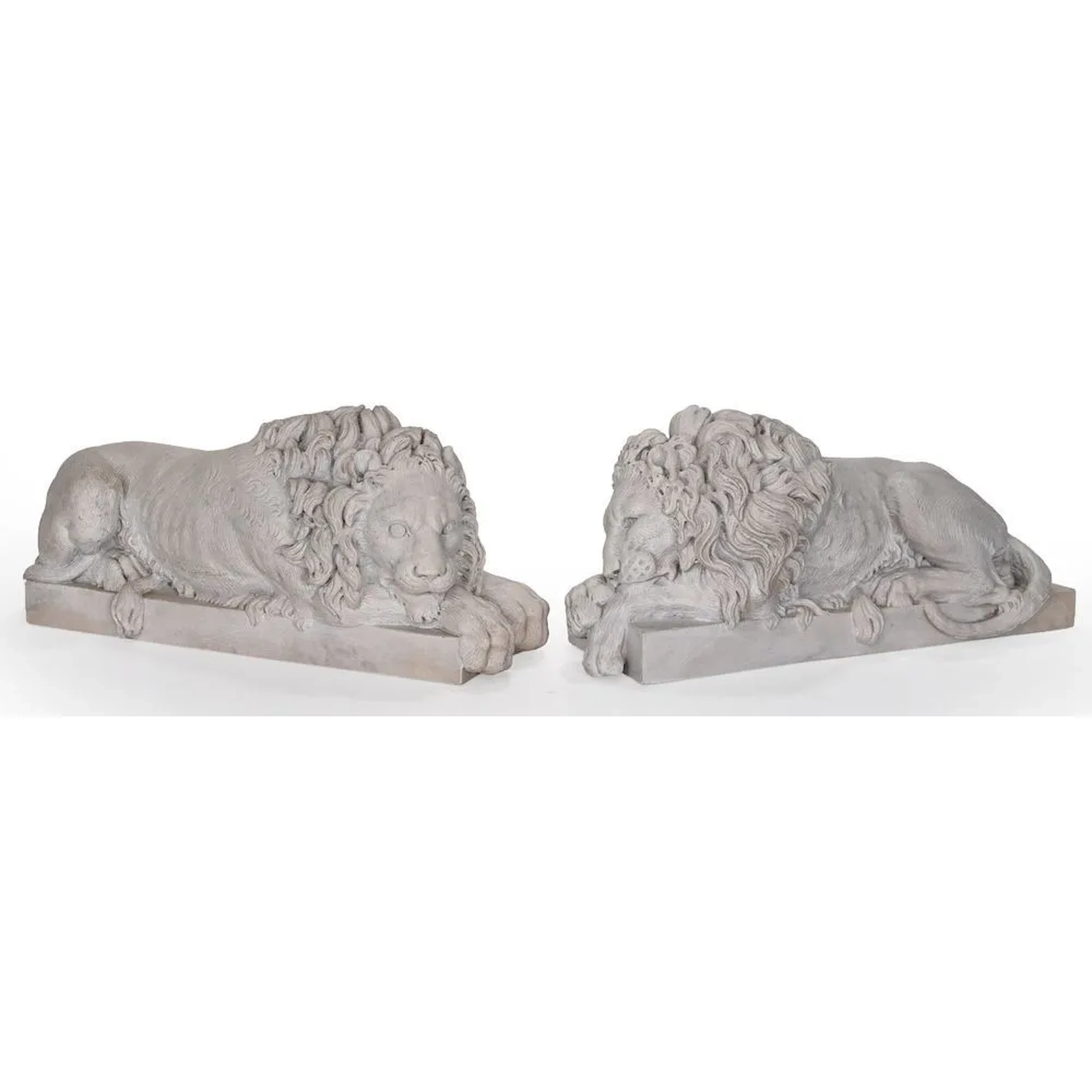 CANOVA (after). PAIR OF RECLINING LIONS in white marble. They rest