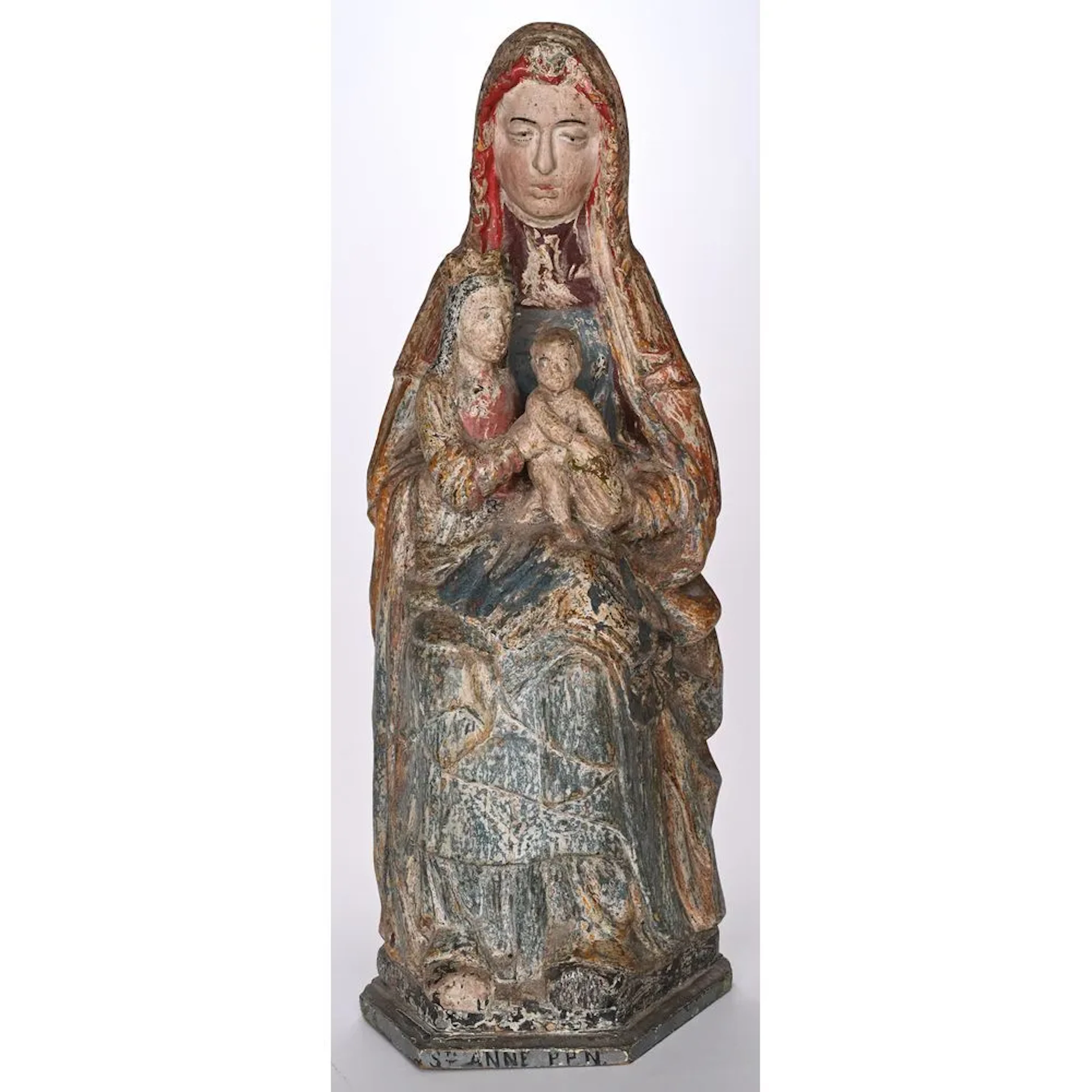 POLYCHROME WOODEN STATUE OF SAINT ANNE OF THE TRINITY, retaining its