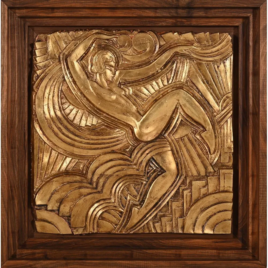 PASCAUD. (Attributed to). “Art Deco Dancer.” Relief panel in terracotta