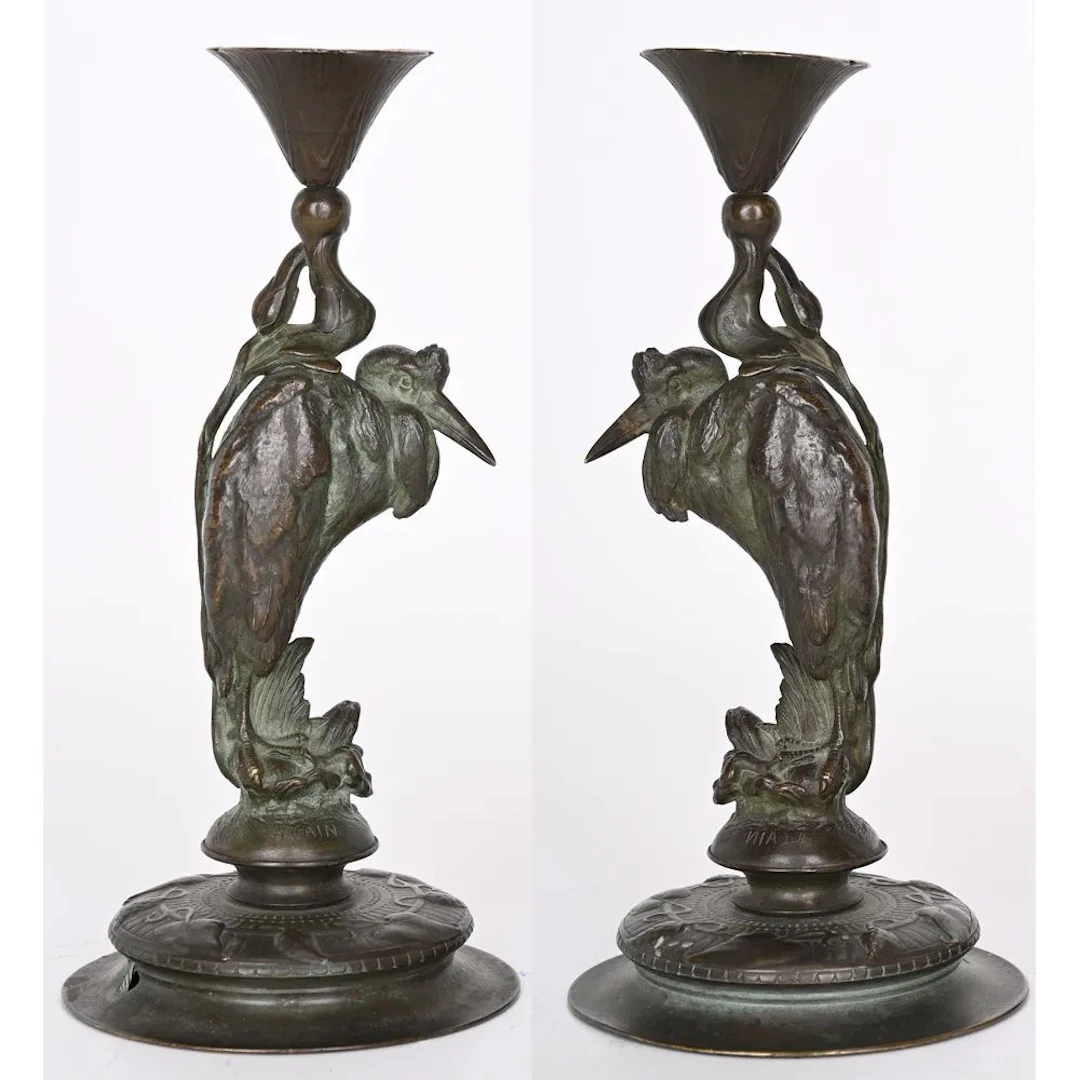 CAIN, Auguste. (1821–1894). “Pair of small candlesticks, featuring