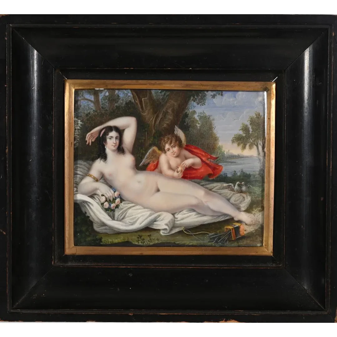 BEAUTIFUL MINIATURE on copper depicting Cupid offering his love to